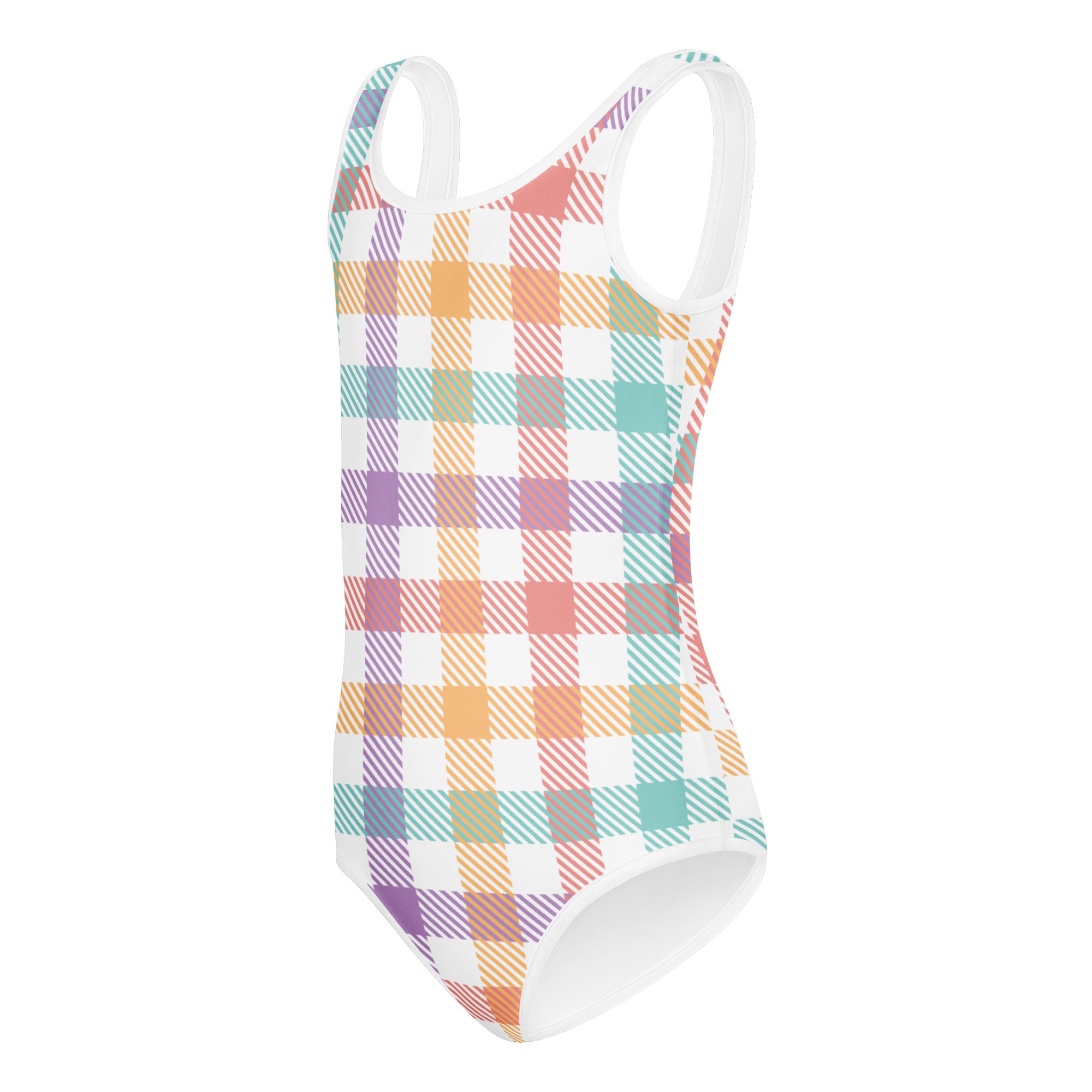 Girls pastel gingham buttery soft one-piece swimsuit with vibrant plaid pattern and white straps for dance and gymnastics
