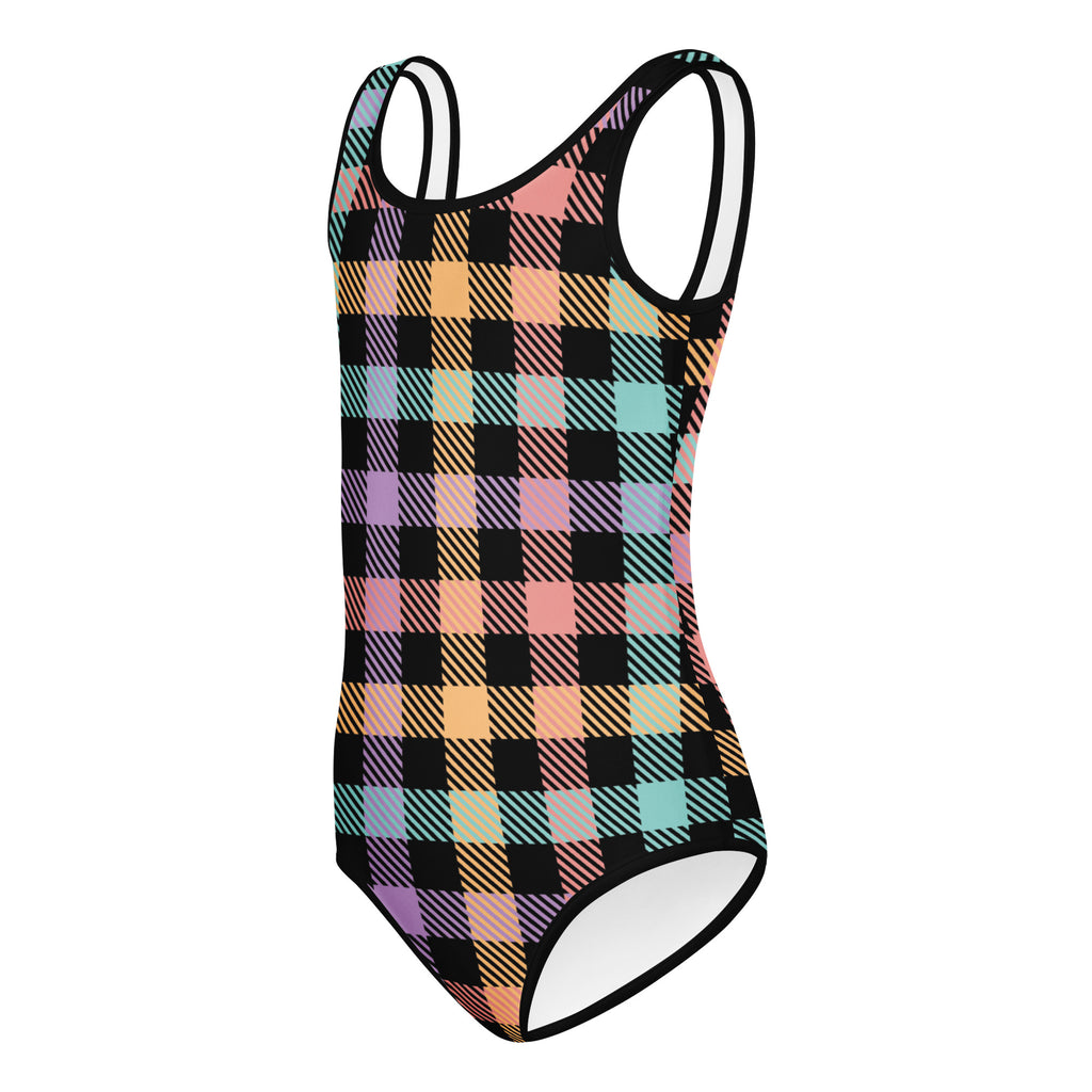 Girls pastel gingham buttery soft leotard in vibrant pastel plaid with black multicolored stripes and thin white straps