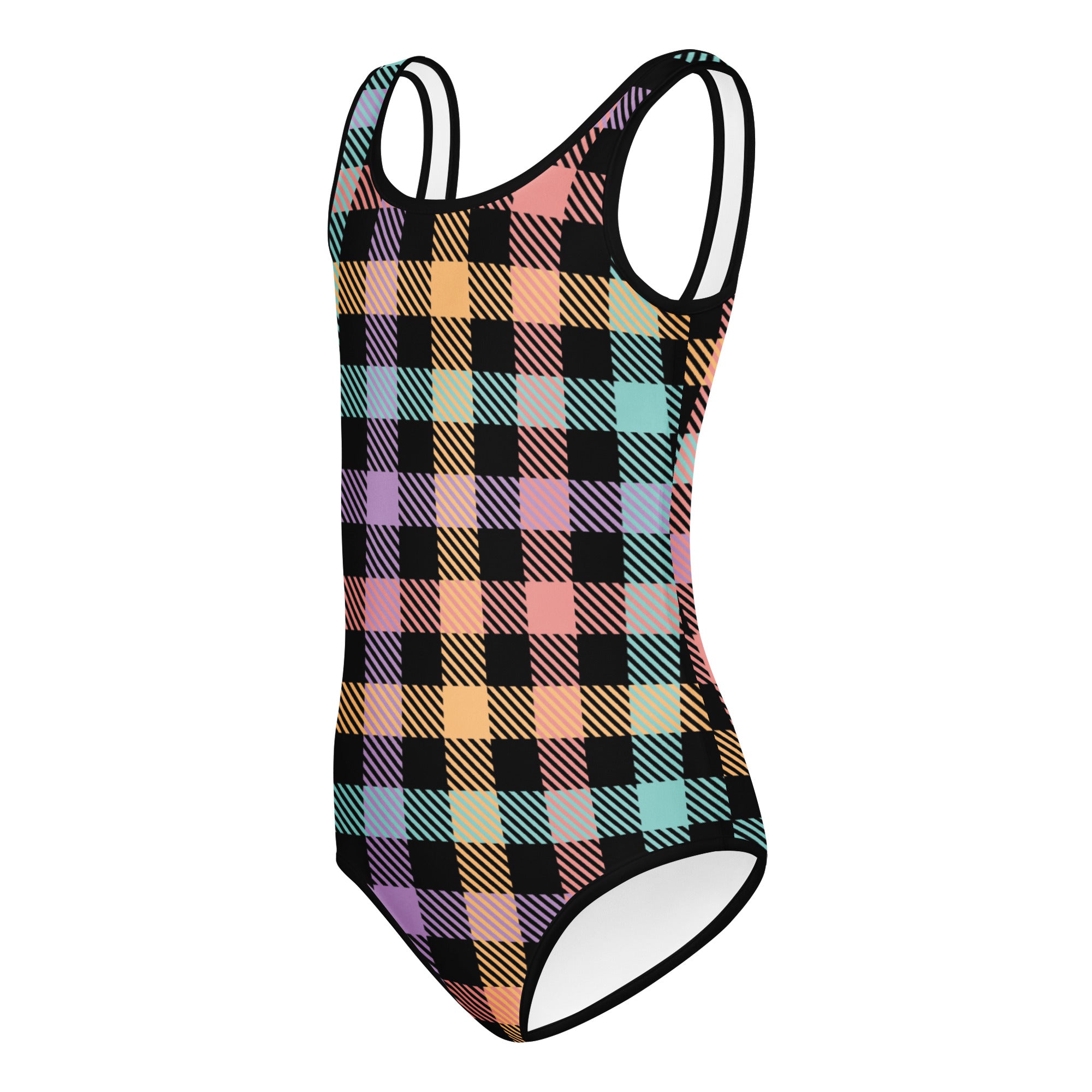 Girls pastel gingham buttery soft leotard in vibrant pastel plaid with black multicolored stripes and thin white straps