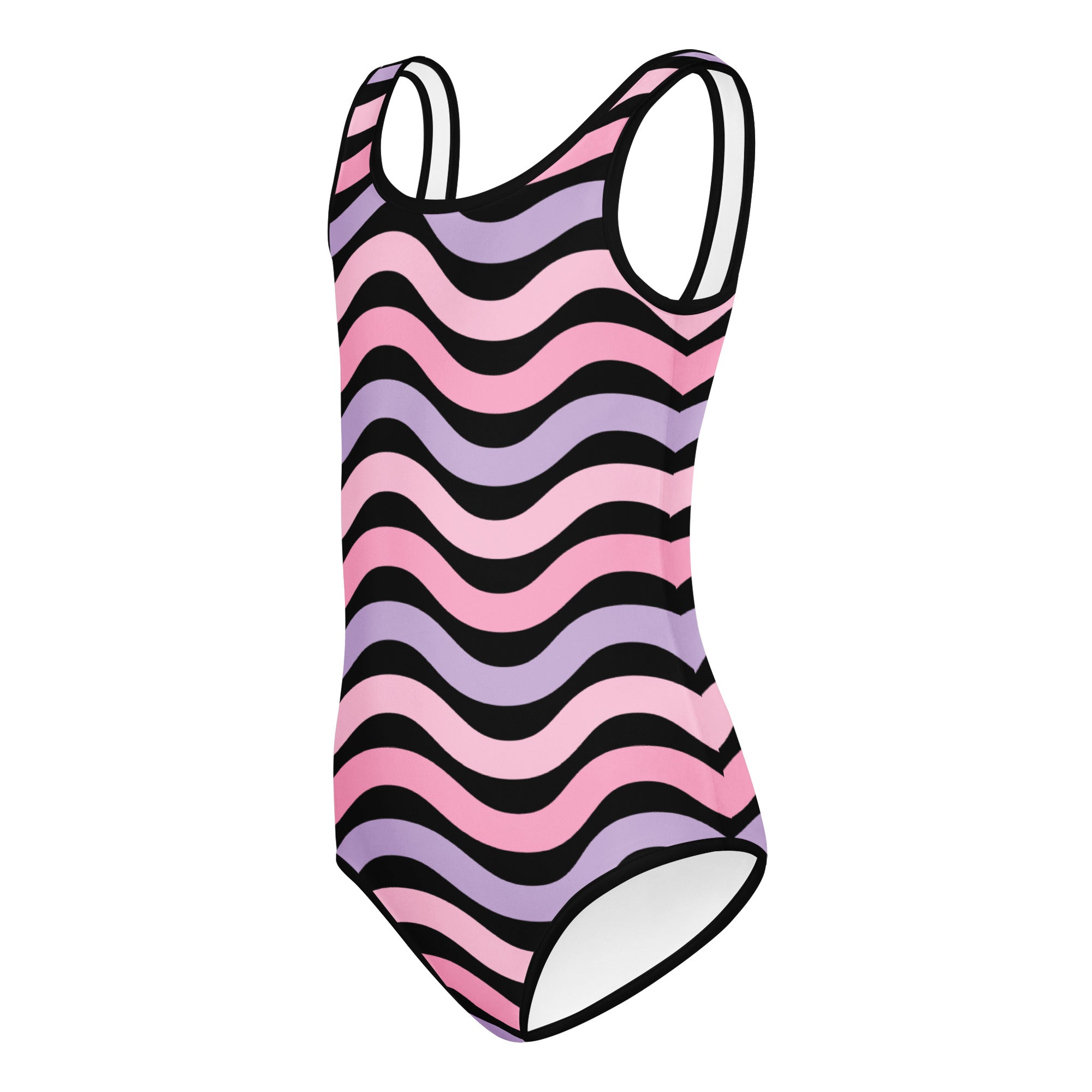Girls pink and lavender wavy stripe buttery soft quick drying leotard for dance and gymnastics with black outlines