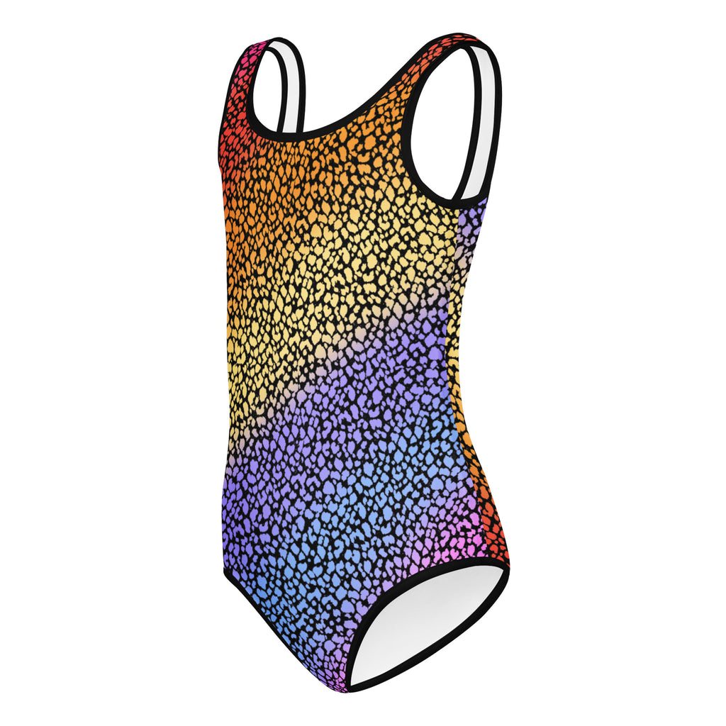 Girls colorful leopard print buttery soft one-piece swimsuit with rainbow gradient and quick-drying fabric for dance and gymnastics