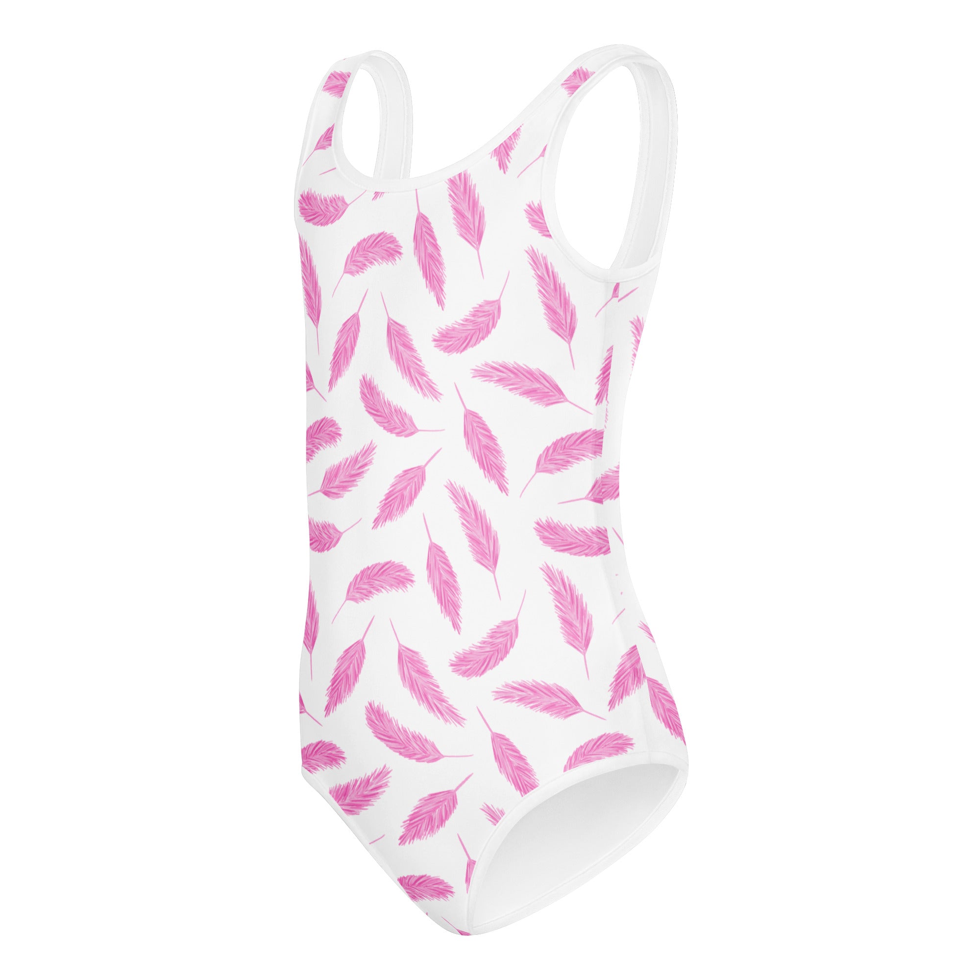 White one-piece swimsuit with pink feather print in buttery soft fabric designed for dance and gymnastics use