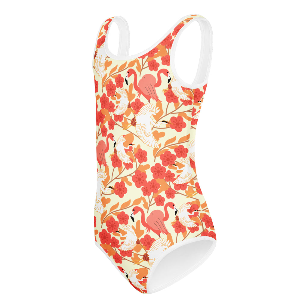 Girls floral flamingo and pelican buttery soft one-piece swimsuit with coral white floral pattern on off-white base