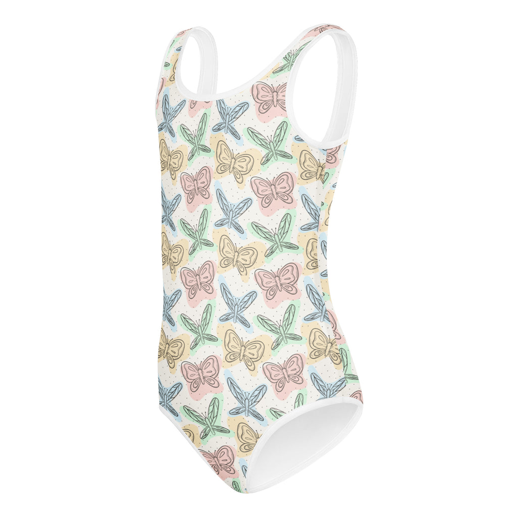 Girls colorful pastel butterfly and dragonfly one-piece leotard with white trim soft watercolor quick drying for dance and gymnastics