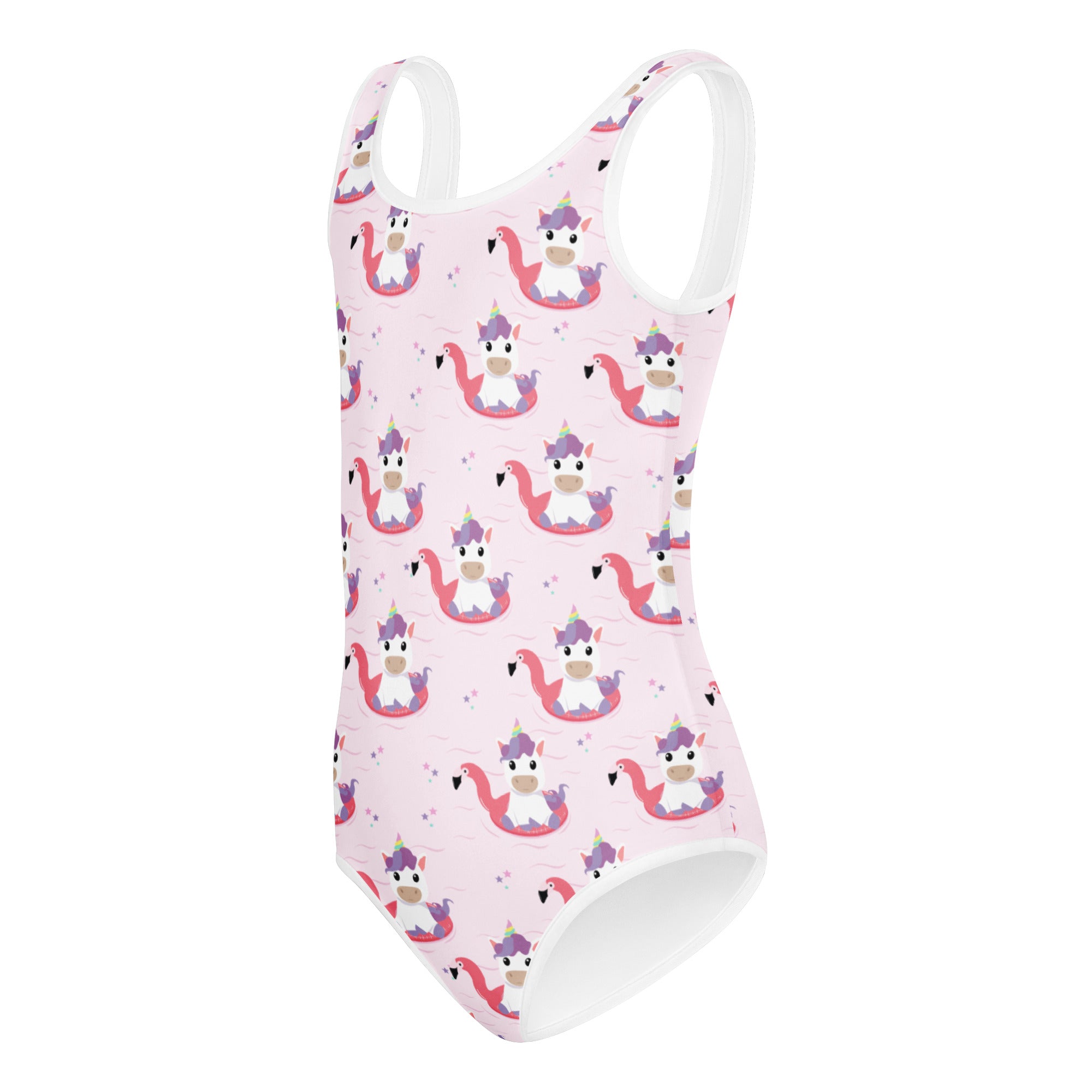 Pink one-piece swimsuit with white trim and playful cartoon unicorns riding flamingos for girls dance and gymnastics