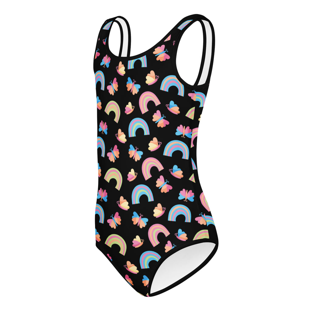 Black girls one-piece swimsuit with colorful rainbow and butterfly patterns buttery soft quick drying for dance and gymnastics