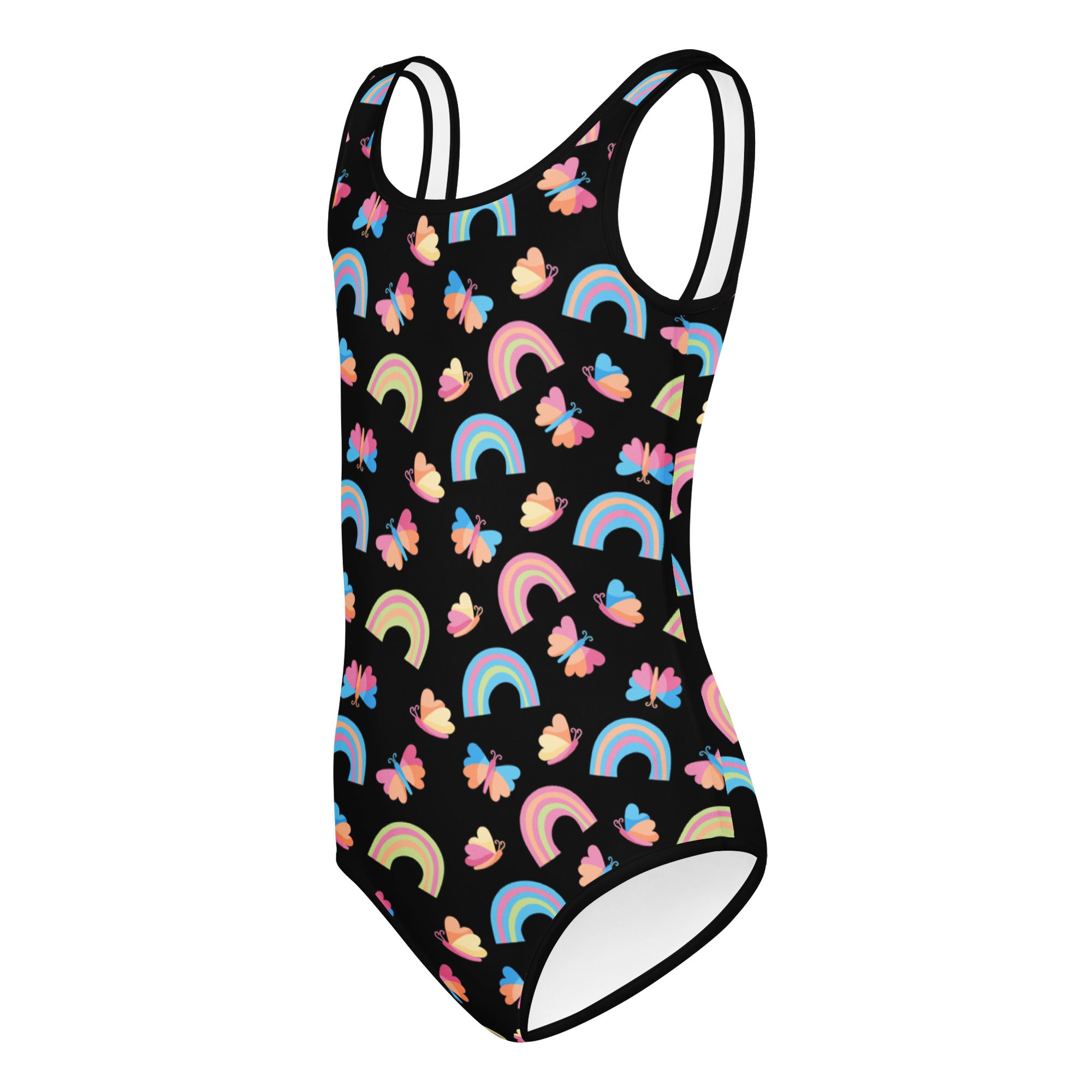 Black girls one-piece swimsuit with colorful rainbow and butterfly patterns buttery soft quick drying for dance and gymnastics