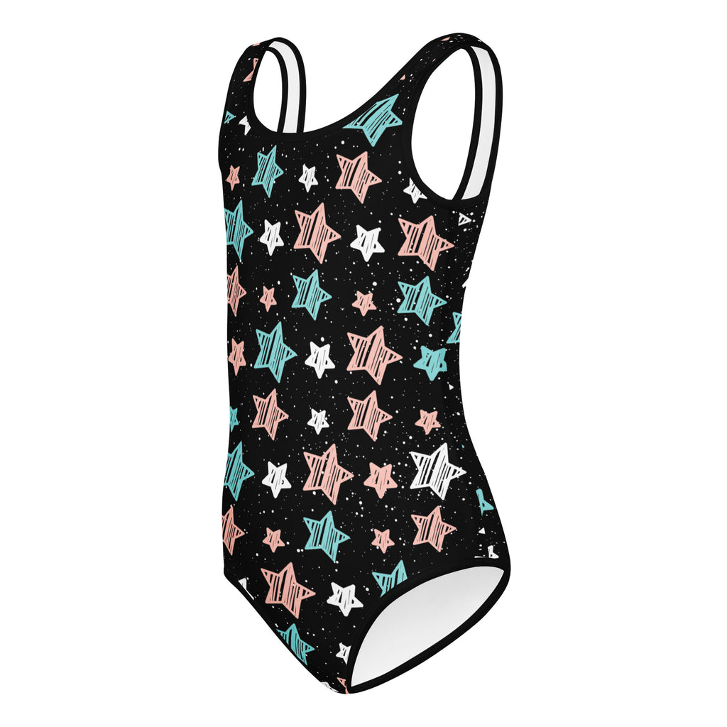 Girls starry night doodle stars buttery soft black one-piece swimsuit with thin white straps and pastel stars for dance