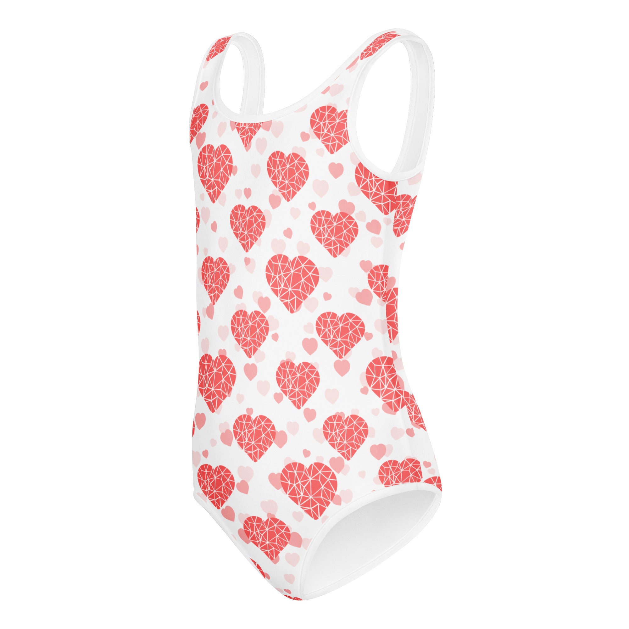 Girls crystal heart buttery soft white leotard with red and pink geometric hearts quick drying for dance and gymnastics
