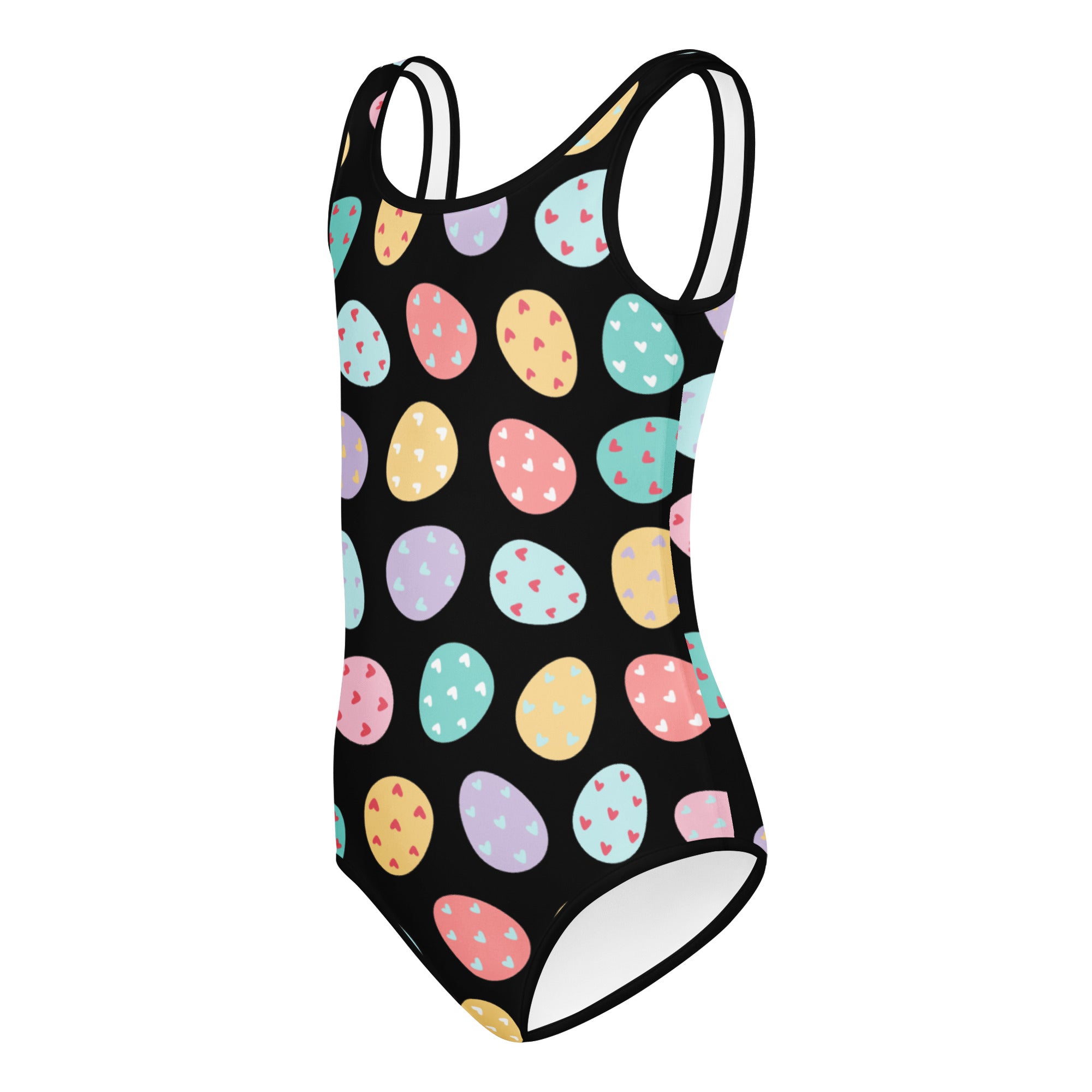Black girls buttery soft one-piece leotard with colorful pastel easter eggs and heart patterns for dance and gymnastics