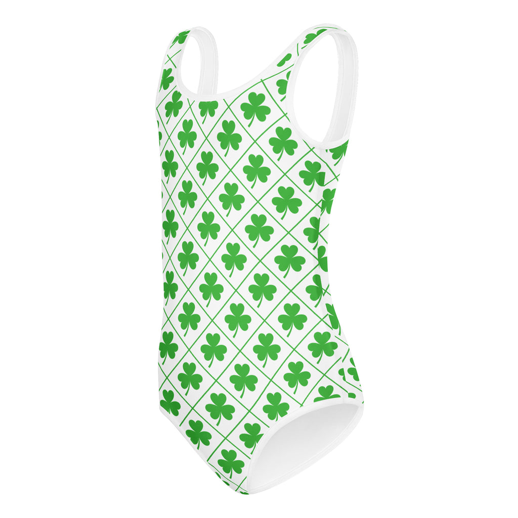 Girls shamrock clover buttery soft white one-piece swimsuit with vibrant green shamrock diamond grid pattern for dance and gymnastics