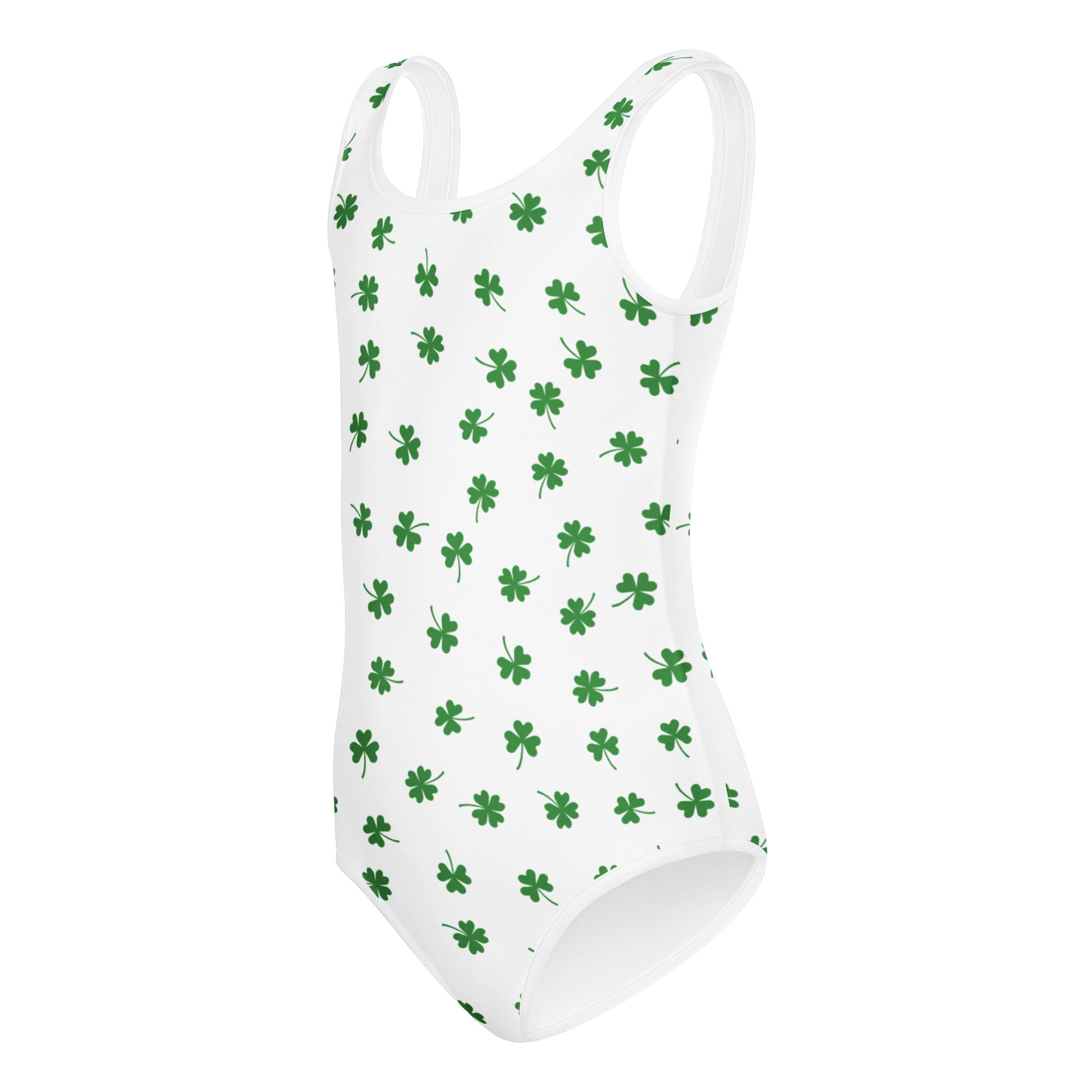 Girls scattered shamrock buttery soft white leotard with green four-leaf clovers for dance and gymnastics