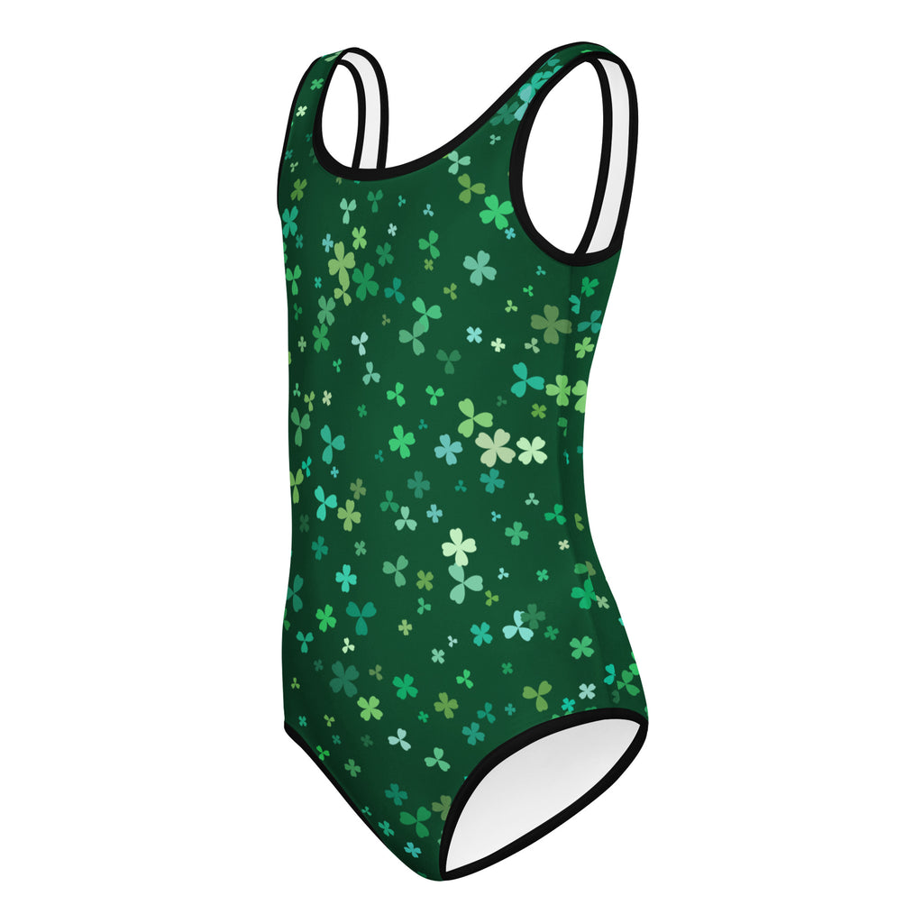 Girls green St. Patrick’s Day buttery soft leotard with shamrock pattern and white trim quick drying for dance and gymnastics