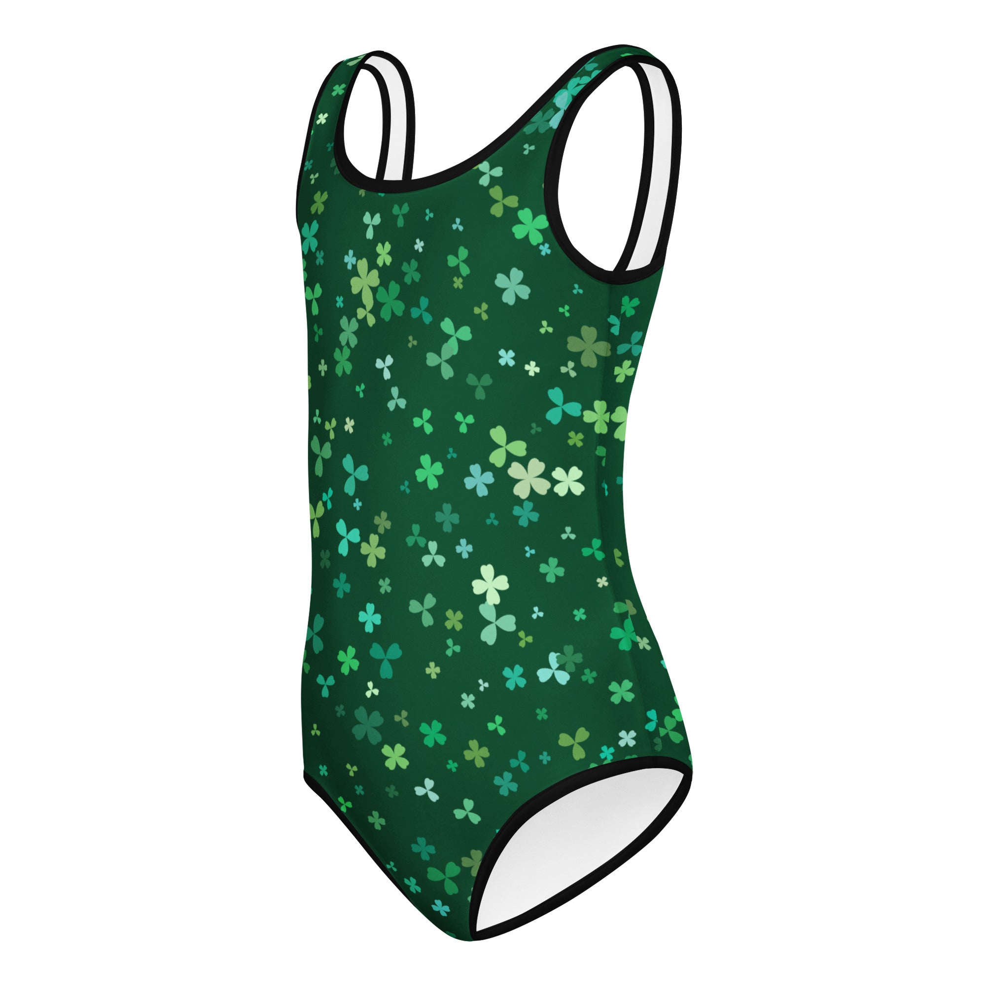 Girls green St. Patrick’s Day buttery soft leotard with shamrock pattern and white trim quick drying for dance and gymnastics