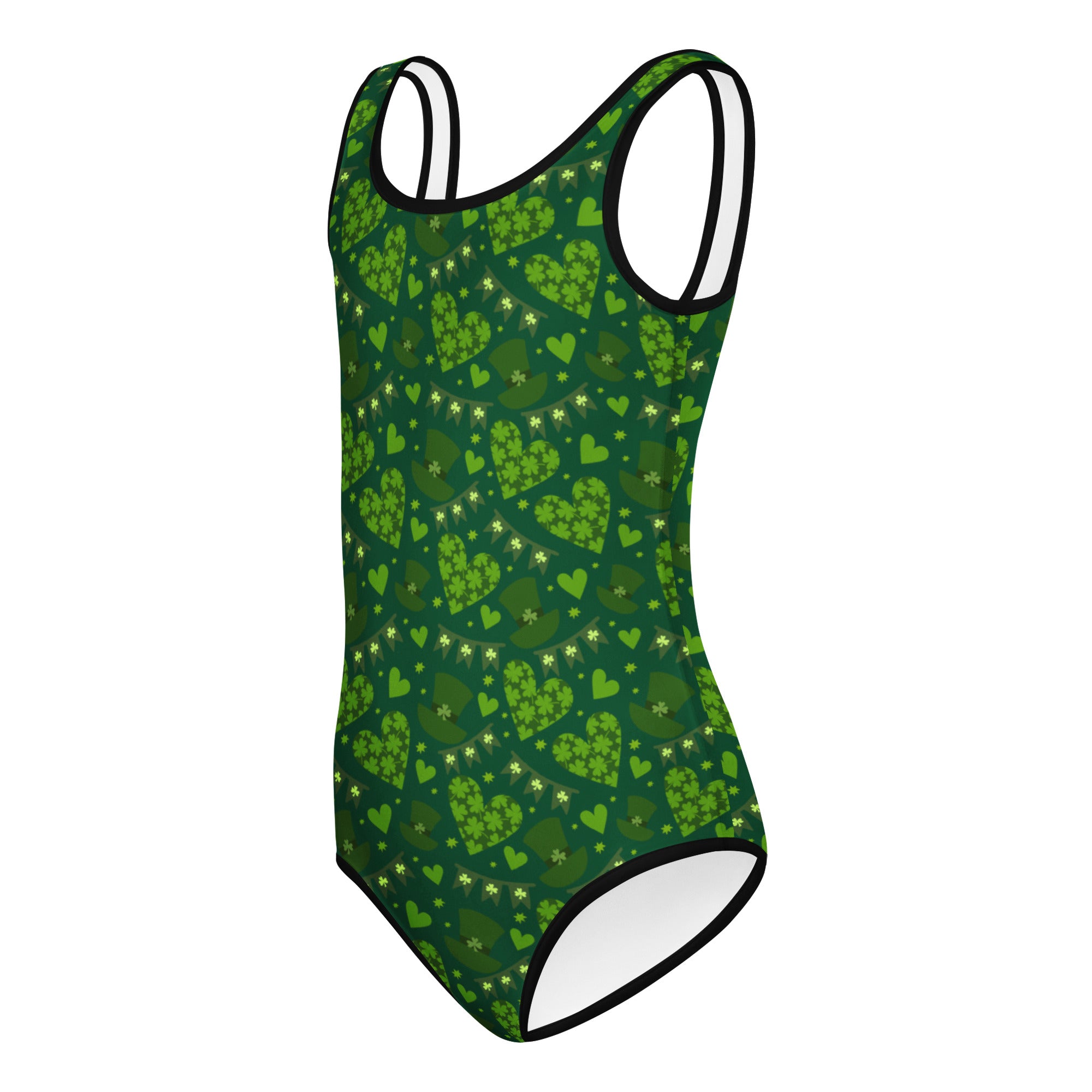 Girls green st patricks day buttery soft quick drying leotard with shamrock heart pattern and white trim for dance