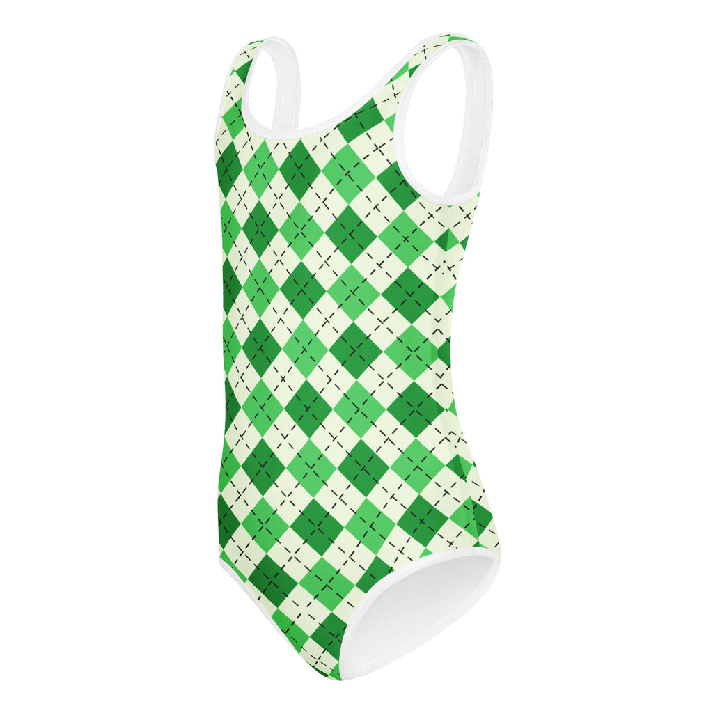 Girls St. Patrick’s Day green and white argyle one-piece swimsuit with thin straps quick drying for dance and gymnastics