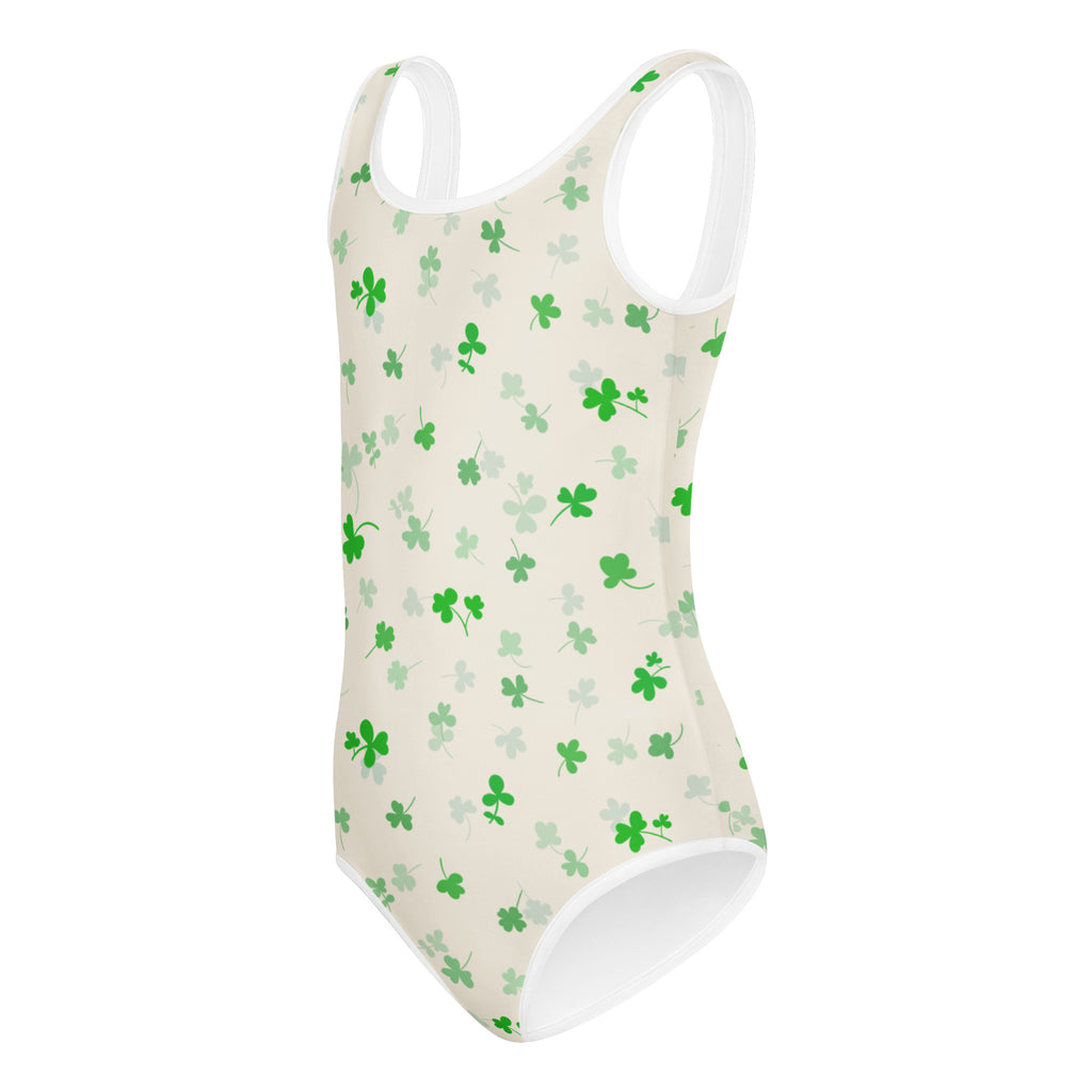 Cream-colored girls st patricks day leotard with white trim and green shamrocks buttery soft quick drying for dance