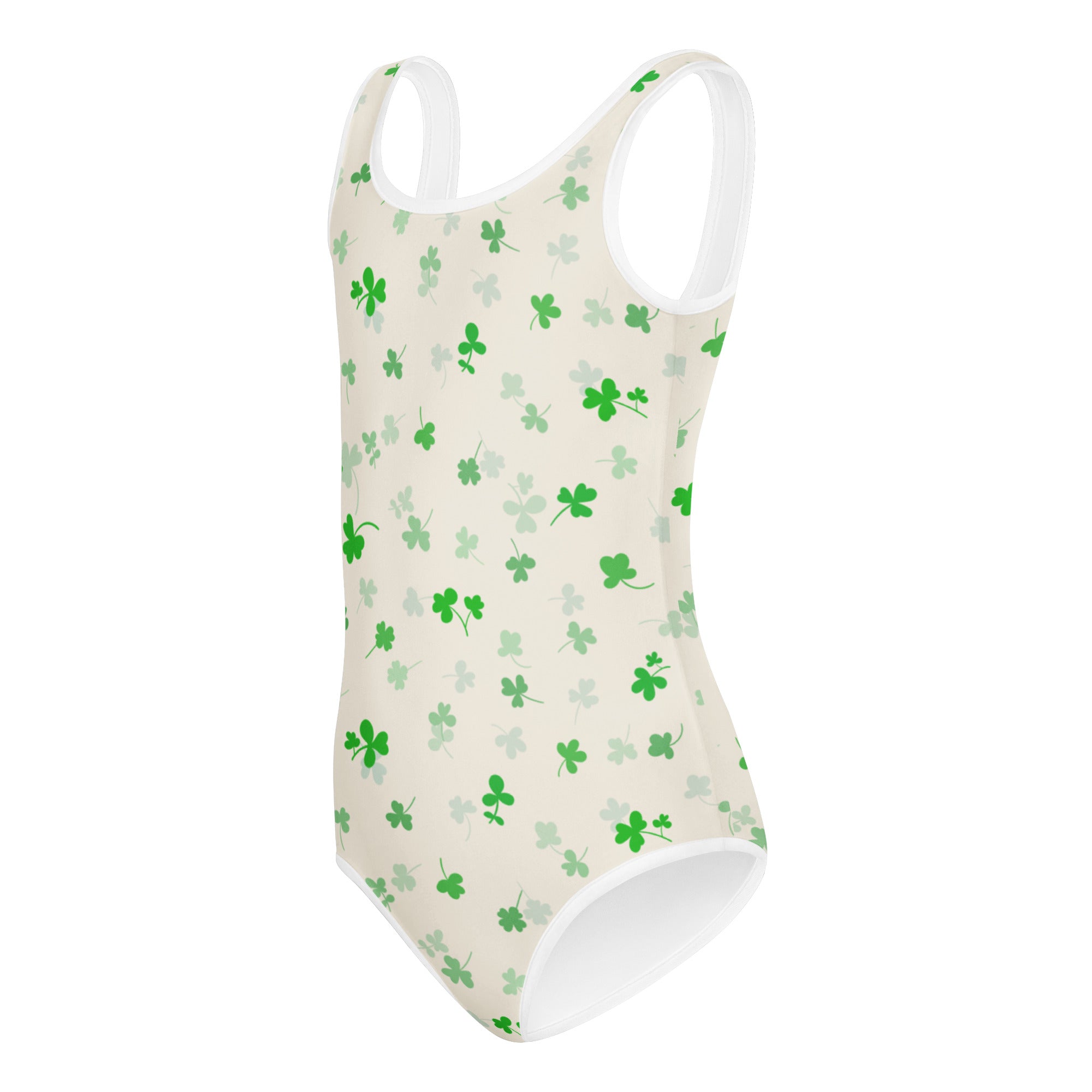 Cream-colored girls st patricks day leotard with white trim and green shamrocks buttery soft quick drying for dance