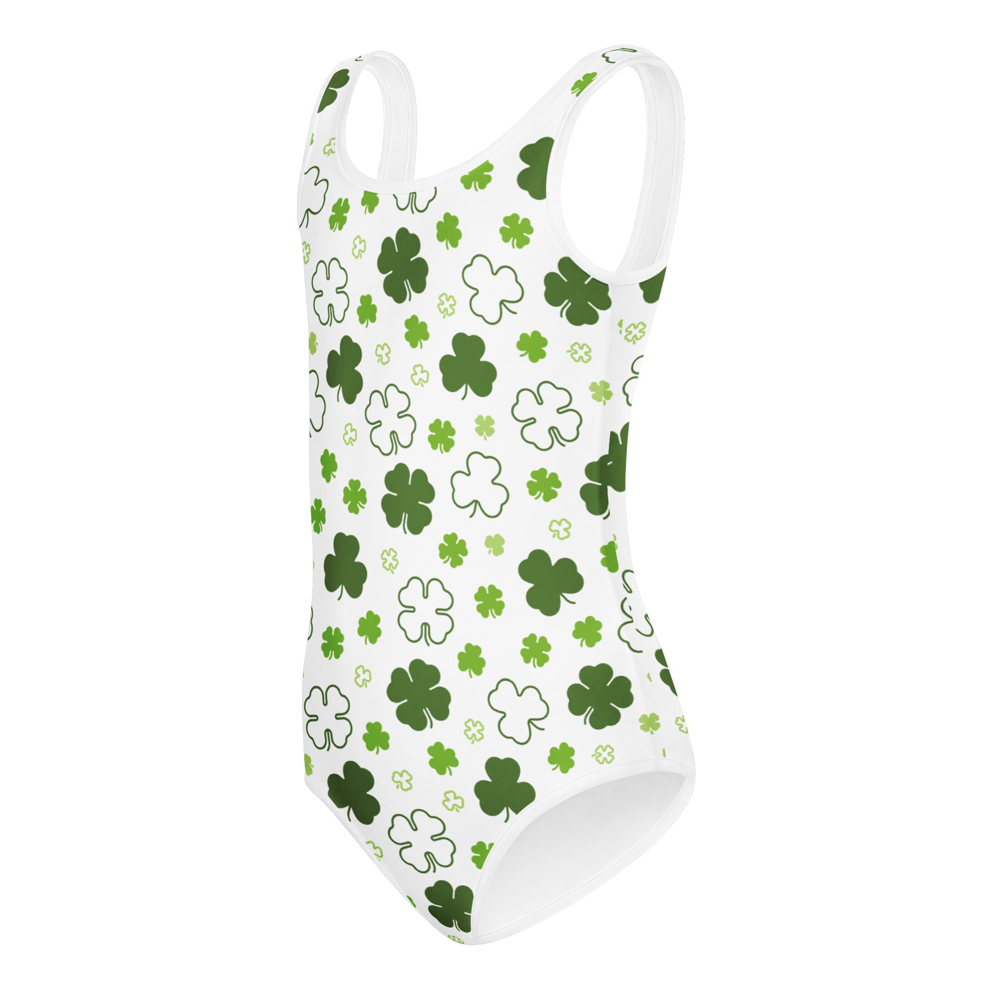 Girls st patricks day shamrock doodle buttery soft white leotard with green outlined shamrocks for dance and gymnastics
