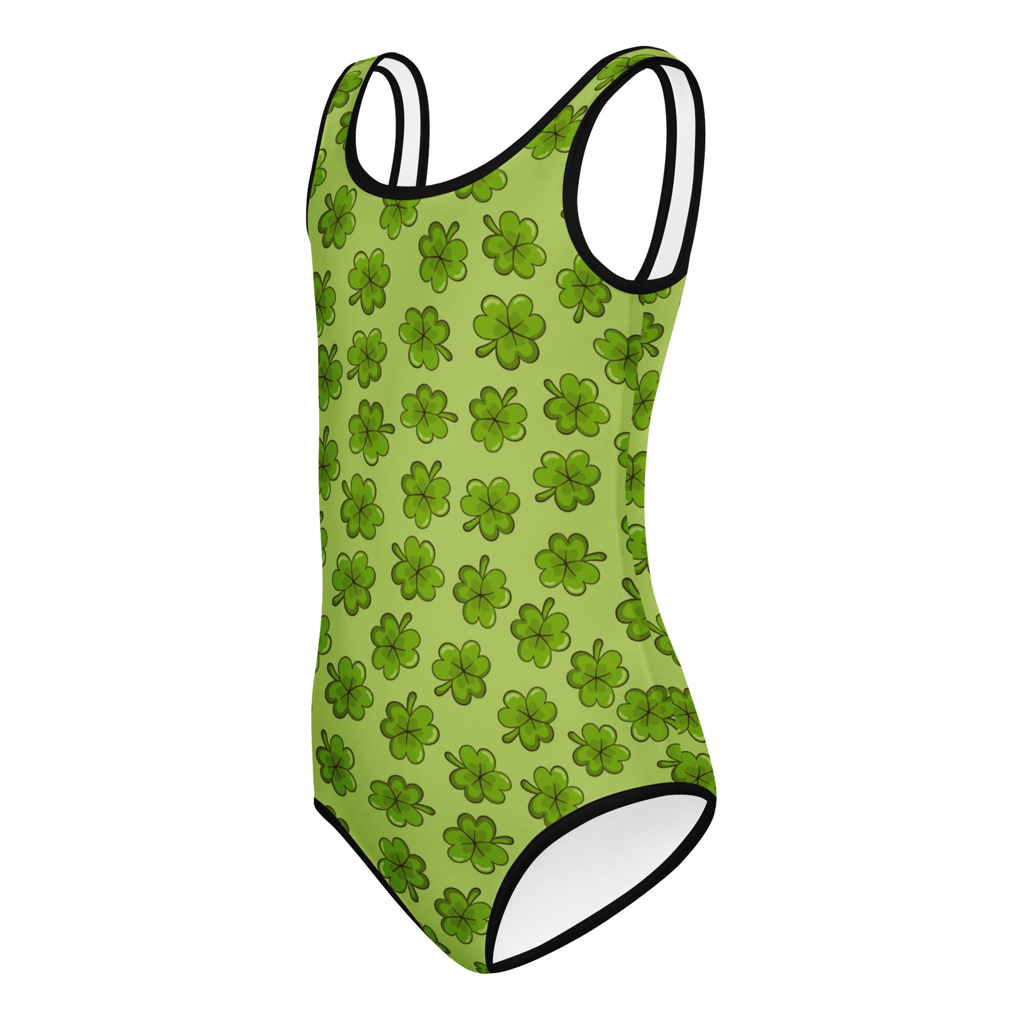 Girls st patricks day lime green one-piece swimsuit with dark green shamrock pattern and black trim for dance and gymnastics