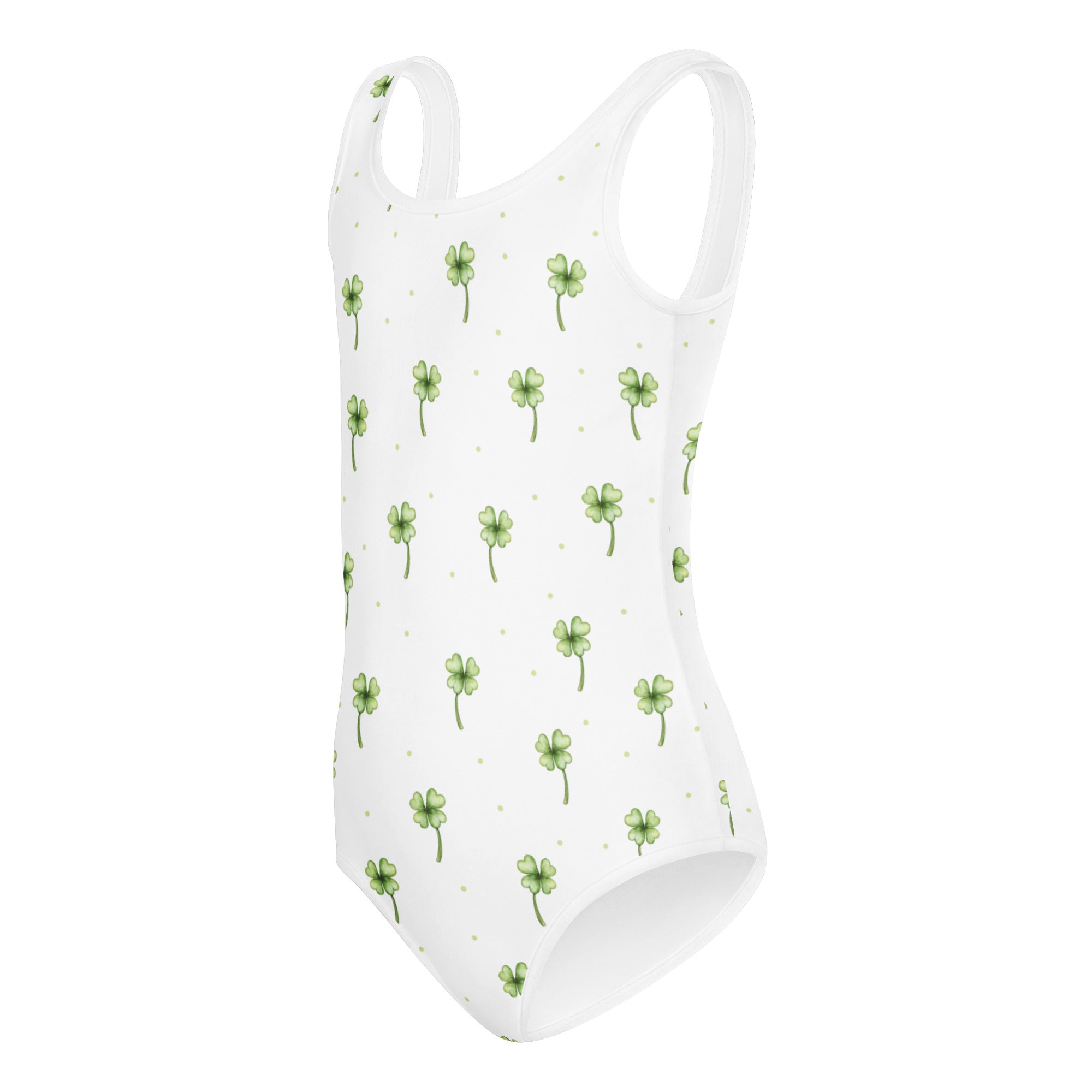 Girls st patricks day shamrock buttery soft white leotard with green clovers and gold dots for dance and gymnastics