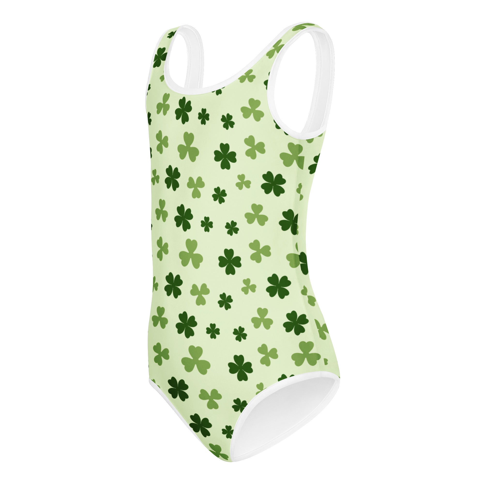 Light green girls St Patricks Day clover leotard with shamrock pattern white trim buttery soft quick drying for dance