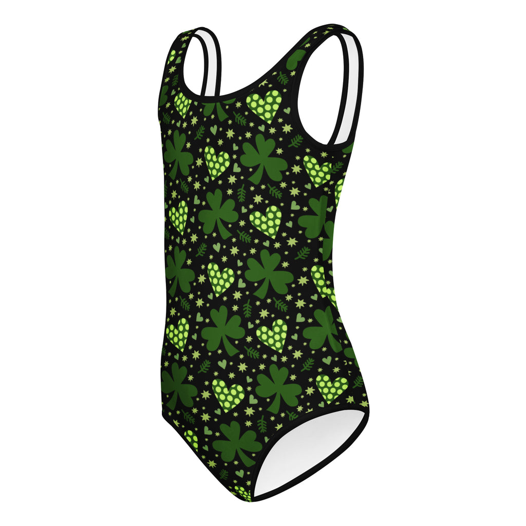 Black one-piece swimsuit with green shamrock and heart patterns quick drying buttery soft for dance and gymnastics