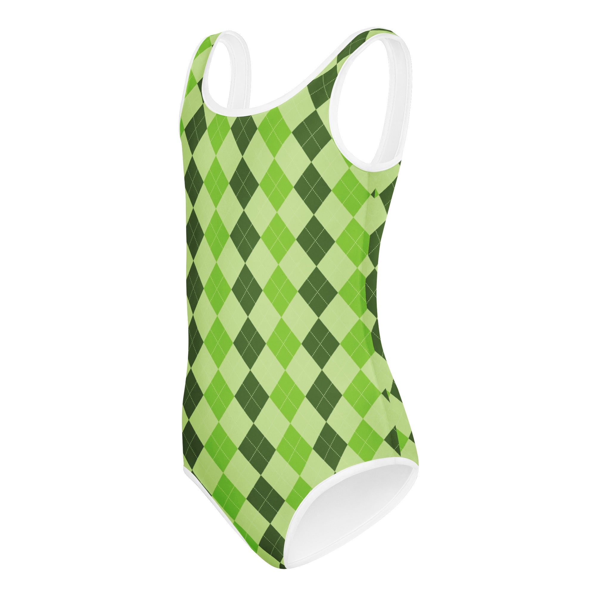 Girls green argyle St. Patrick’s Day buttery soft quick drying leotard with white trim for dance and gymnastics