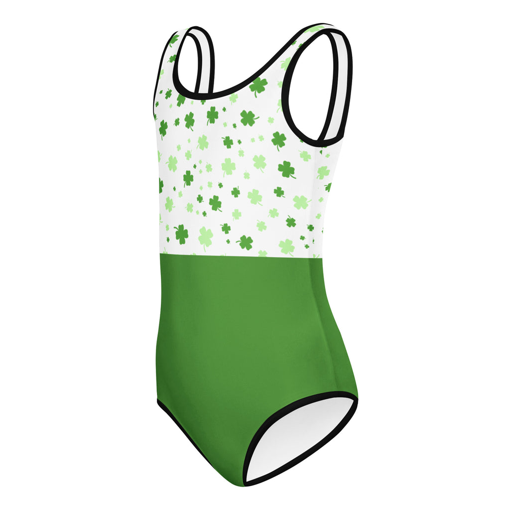 Girls green lucky clover buttery soft leotard with shamrock pattern and black trim quick drying for dance and gymnastics