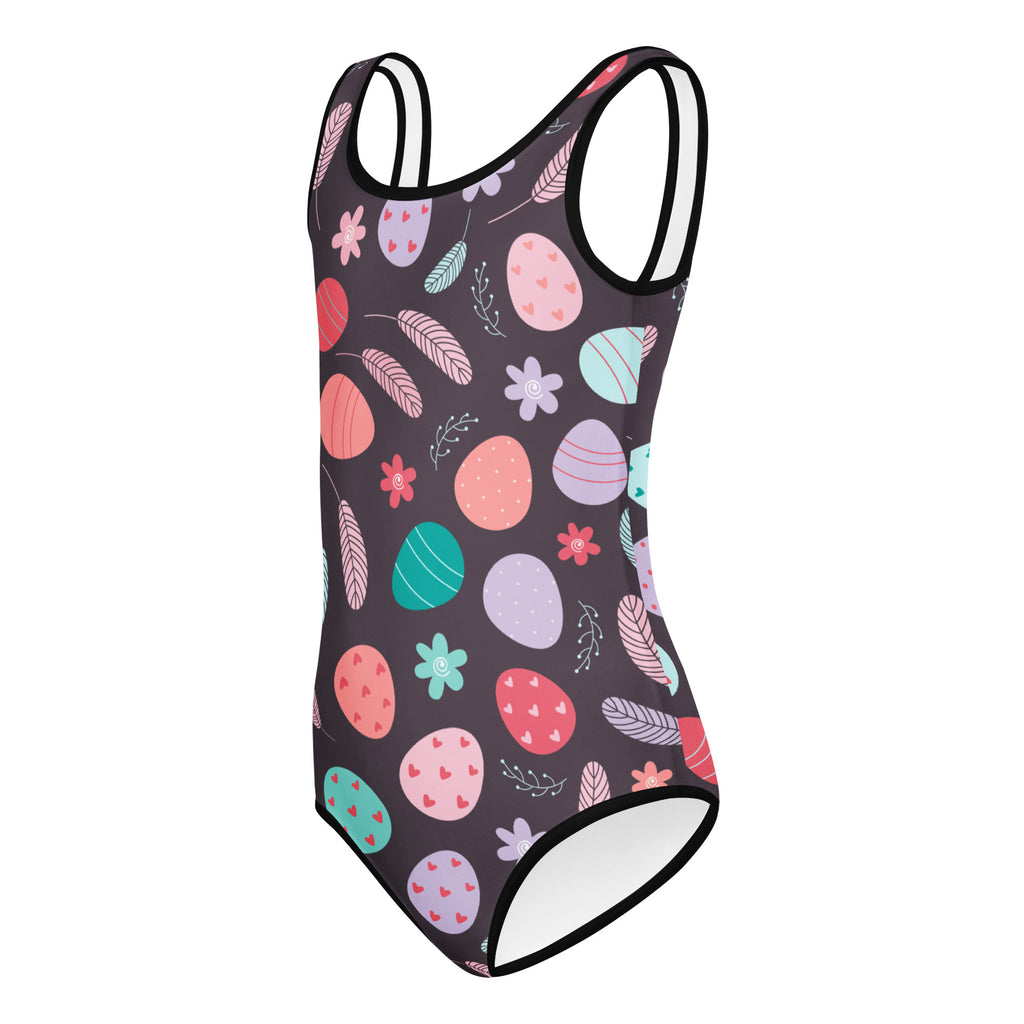 Girls Easter egg and bird feathers buttery soft dark gray one-piece swimsuit with colorful pattern, quick drying for dance and gymnastics