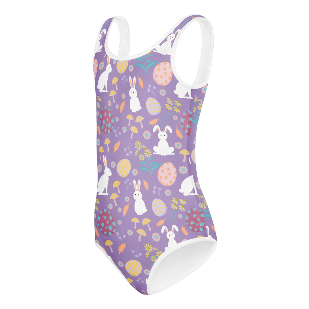 Girls purple Easter bunny buttery soft leotard with white trim and egg patterns quick drying for dance and gymnastics