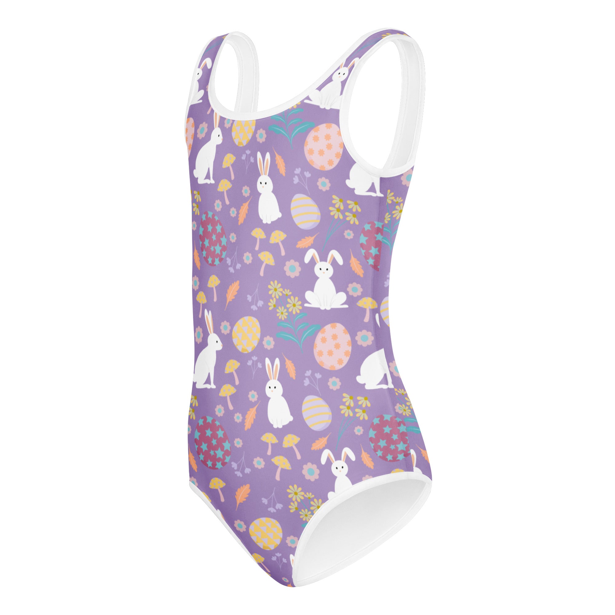 Girls purple Easter bunny buttery soft leotard with white trim and egg patterns quick drying for dance and gymnastics