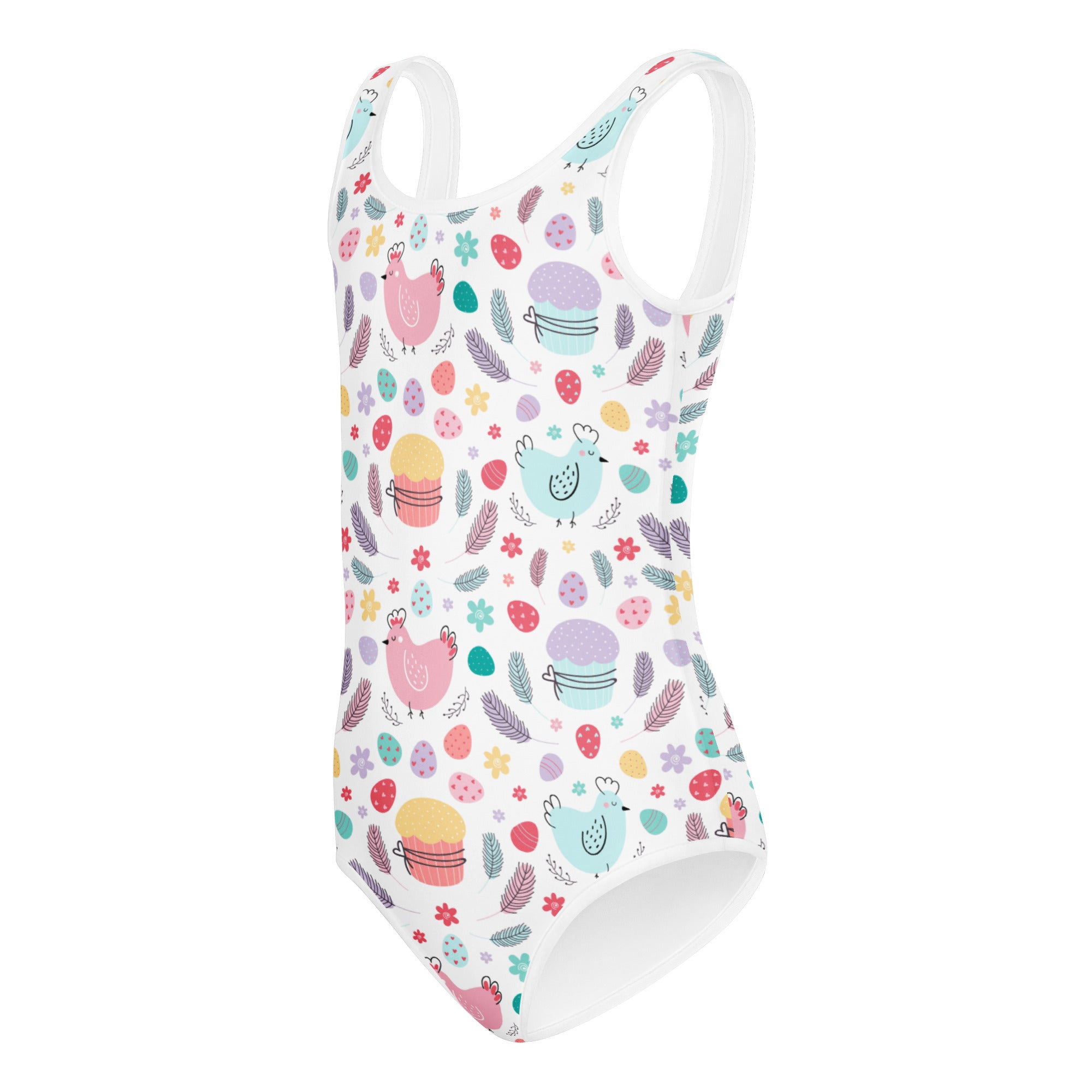 White one-piece quick drying leotard with pastel chick cupcake egg and feather pattern for girls dance and gymnastics