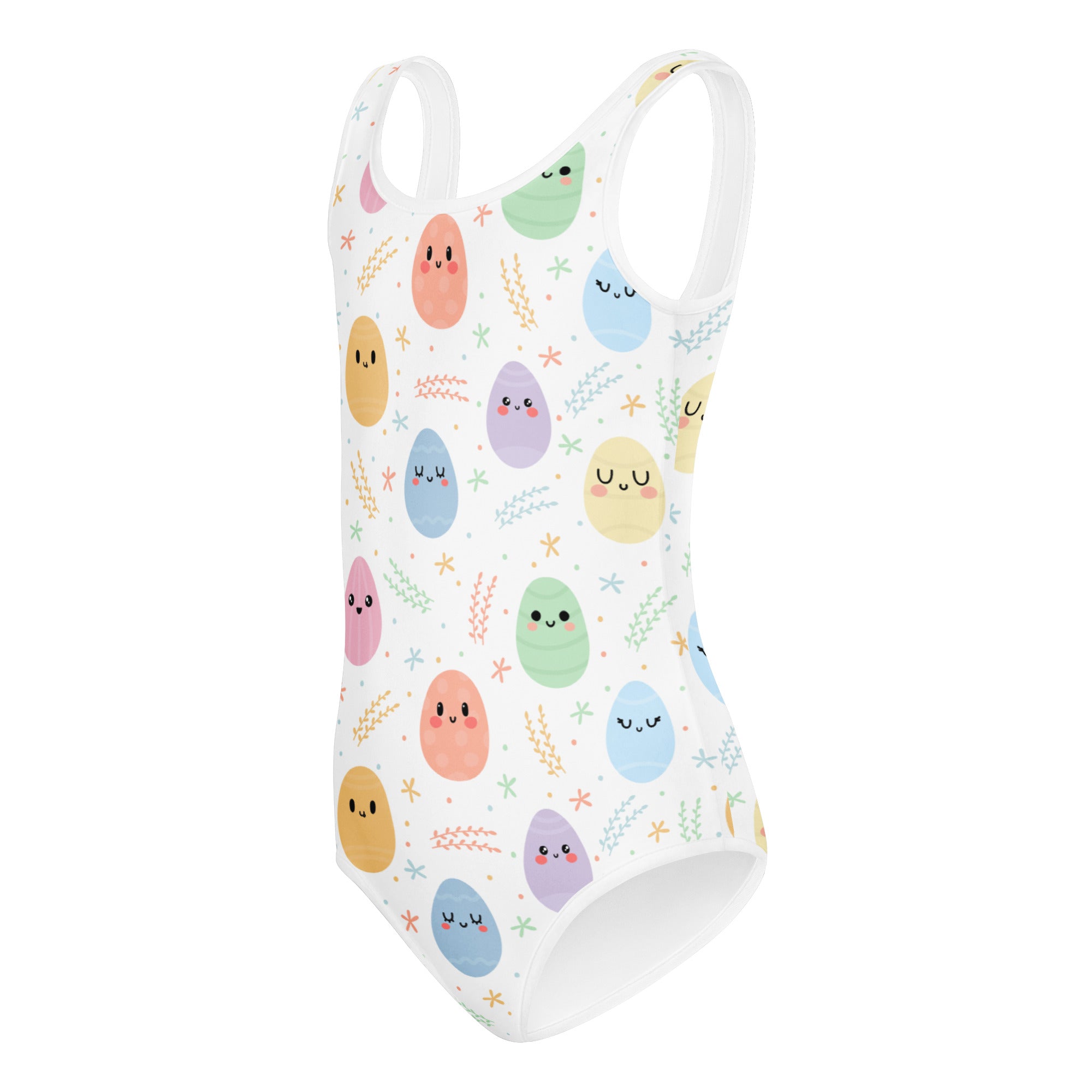 White one-piece swimsuit with pastel smiling egg pattern and green sprigs buttery soft quick drying for dance and gymnastics