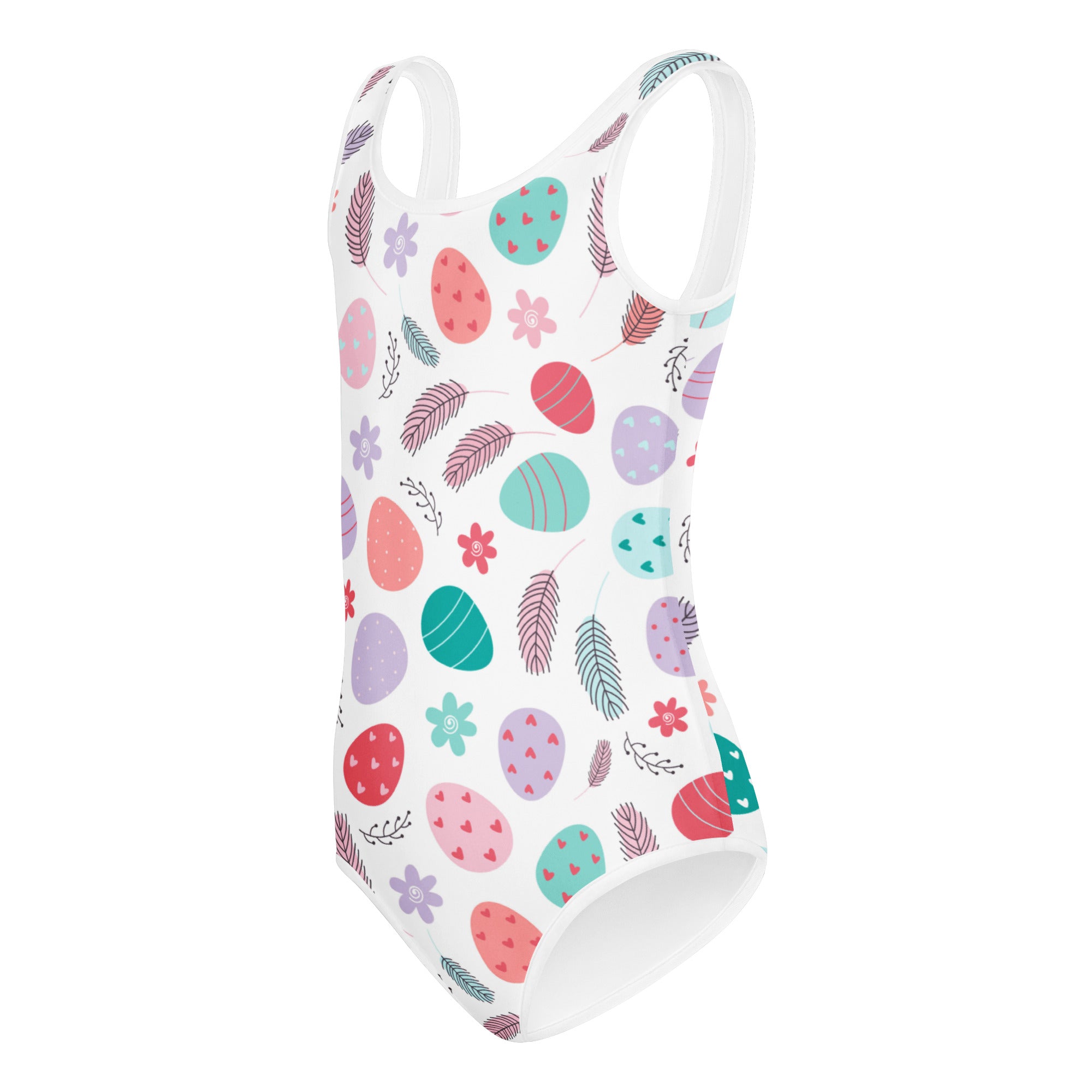 White one-piece leotard with pastel easter egg pattern made of buttery soft quick drying fabric for dance and gymnastics