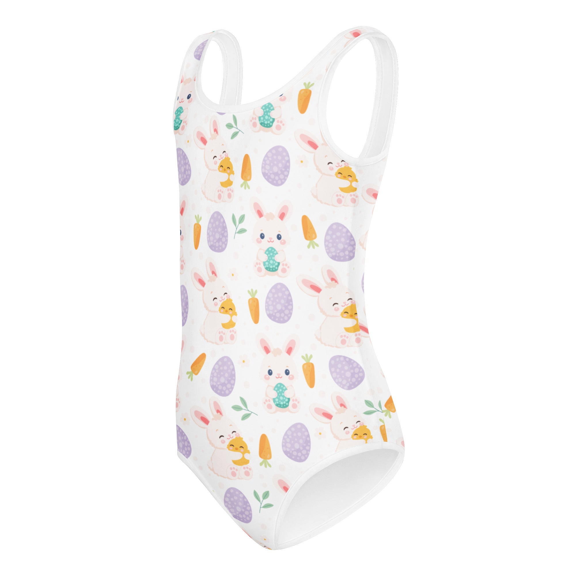 White one-piece swimsuit with playful bunny carrot and purple egg pattern buttery soft quick drying for dance and gymnastics