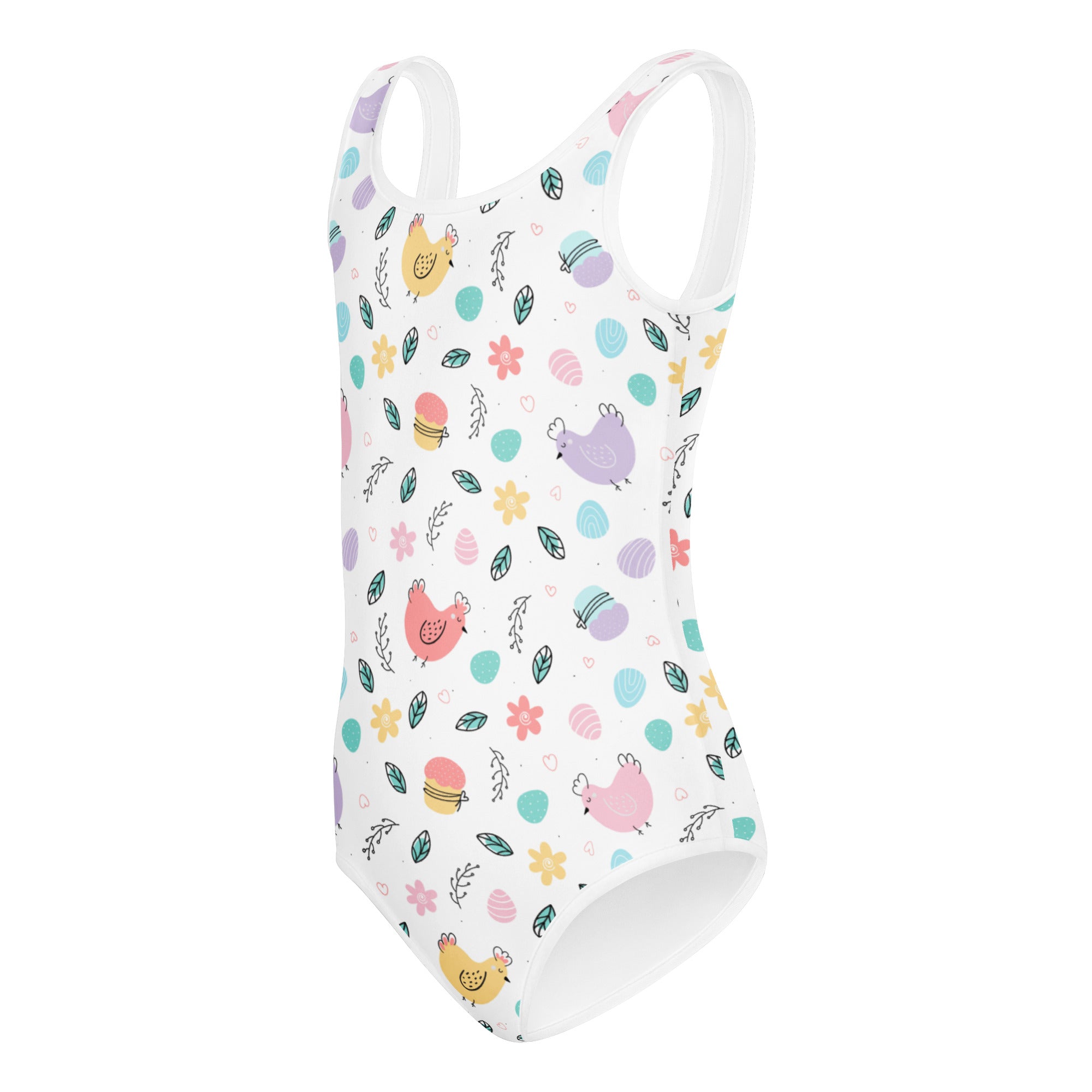 White girls Easter hen one-piece swimsuit with pastel chicken and egg pattern quick drying but soft for dance and gymnastics