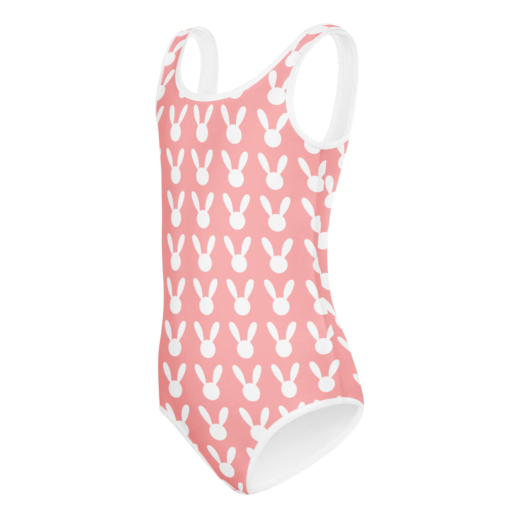 Girls pink bunny silhouette buttery soft quick drying leotard with white bunny face pattern and trim for dance and gymnastics