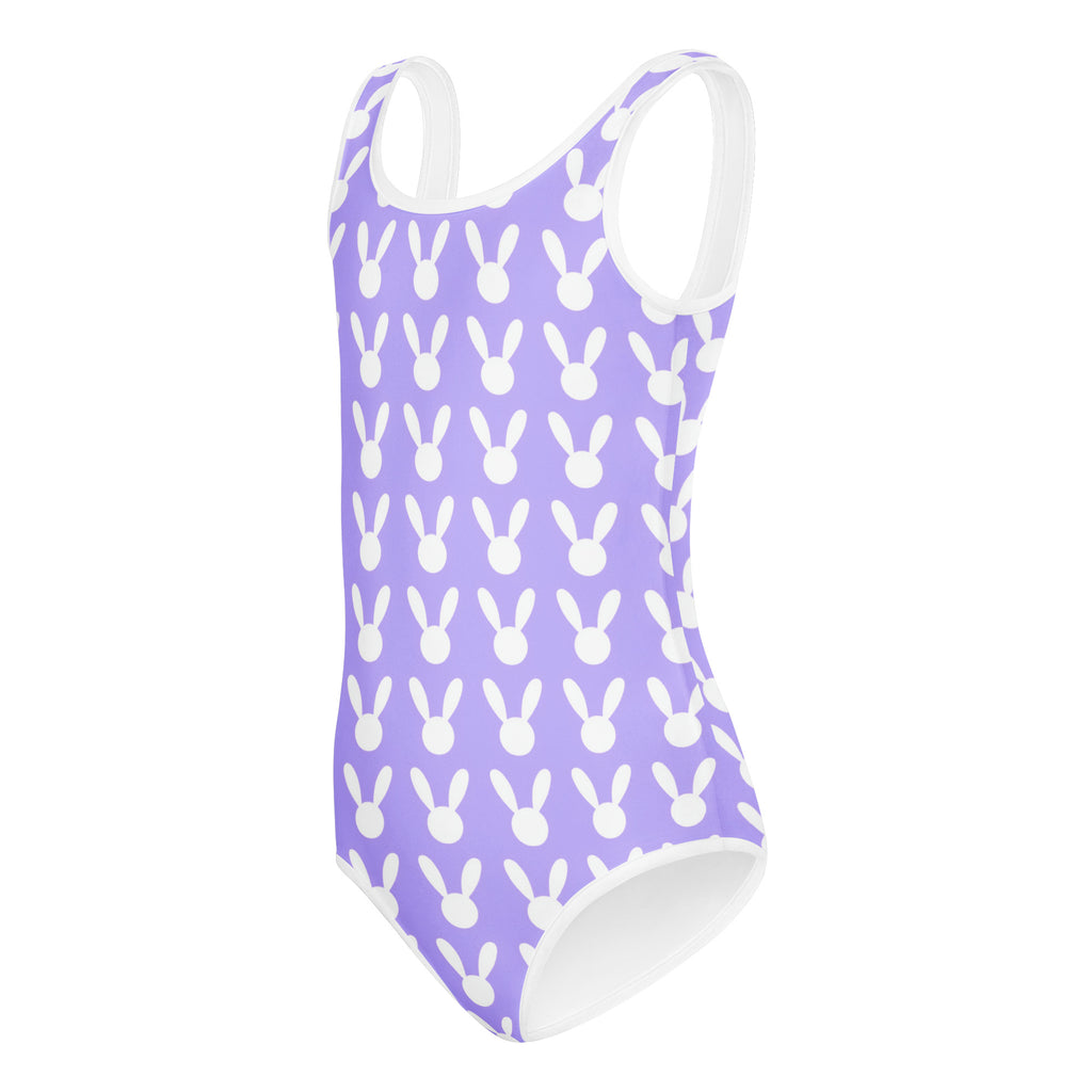 Girls purple one-piece swimsuit with white bunny prints and trim made of buttery soft quick drying fabric