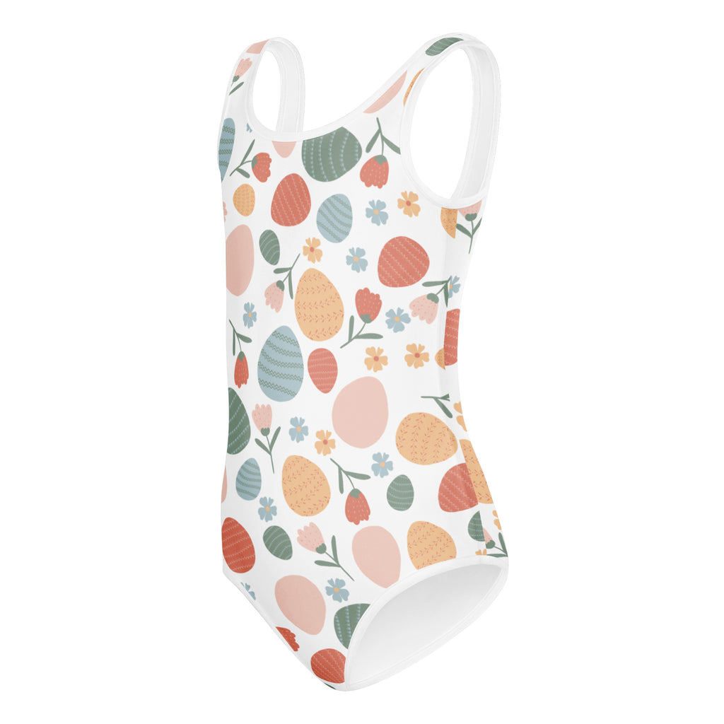 Girls vintage Easter egg buttery soft white one-piece swimsuit with pastel pattern for dance and gymnastics