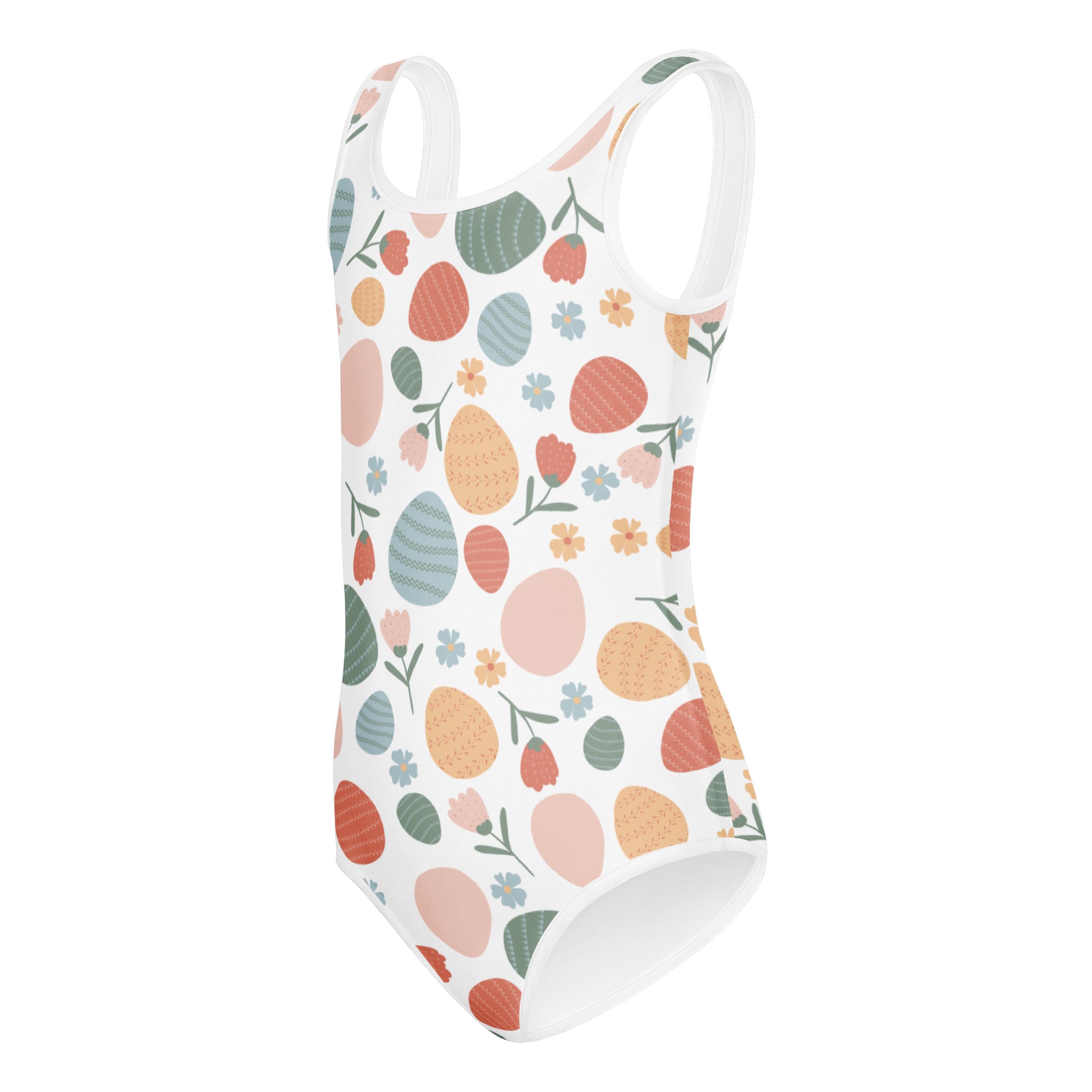 Girls vintage Easter egg buttery soft white one-piece swimsuit with pastel pattern for dance and gymnastics