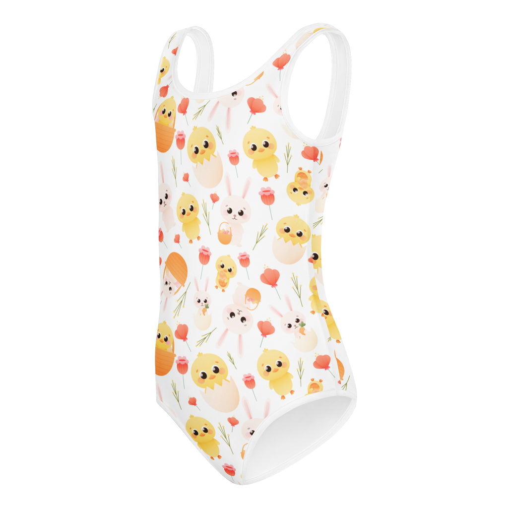 White one-piece swimsuit with playful yellow chicks orange eggs and pink tulips pattern quick drying for dance and gymnastics