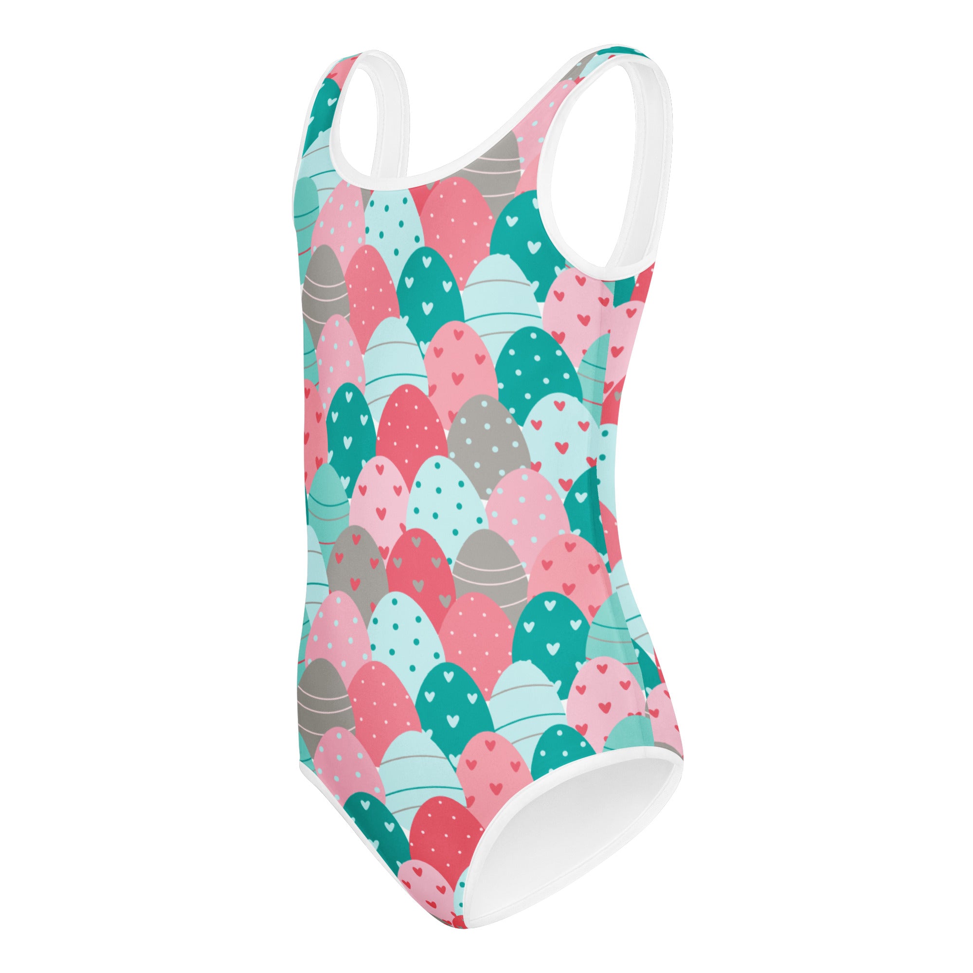 A vibrant sleeveless girls buttery soft leotard with pastel pink teal and gray easter egg pattern for dance and gymnastics