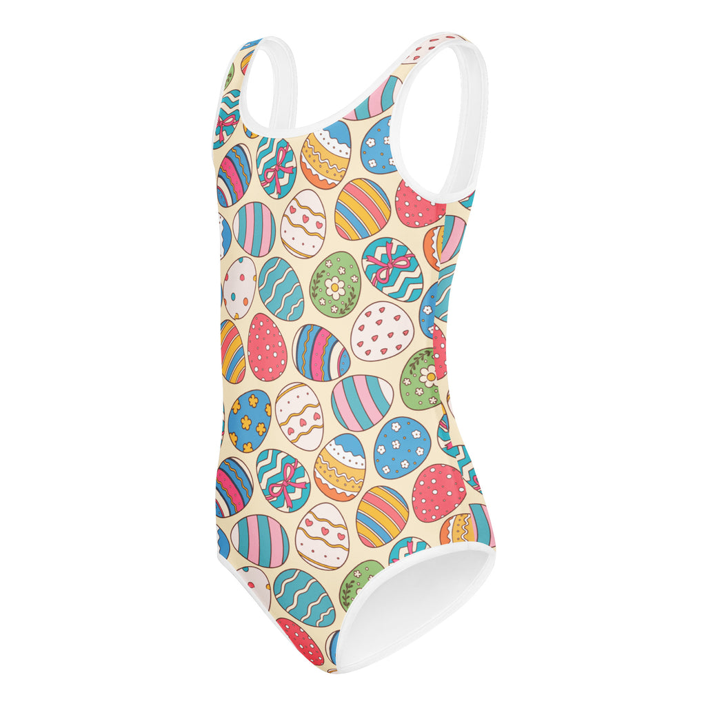 Girls bright patterned Easter egg buttery soft leotard in cream with colorful eggs, quick drying for dance and gymnastics