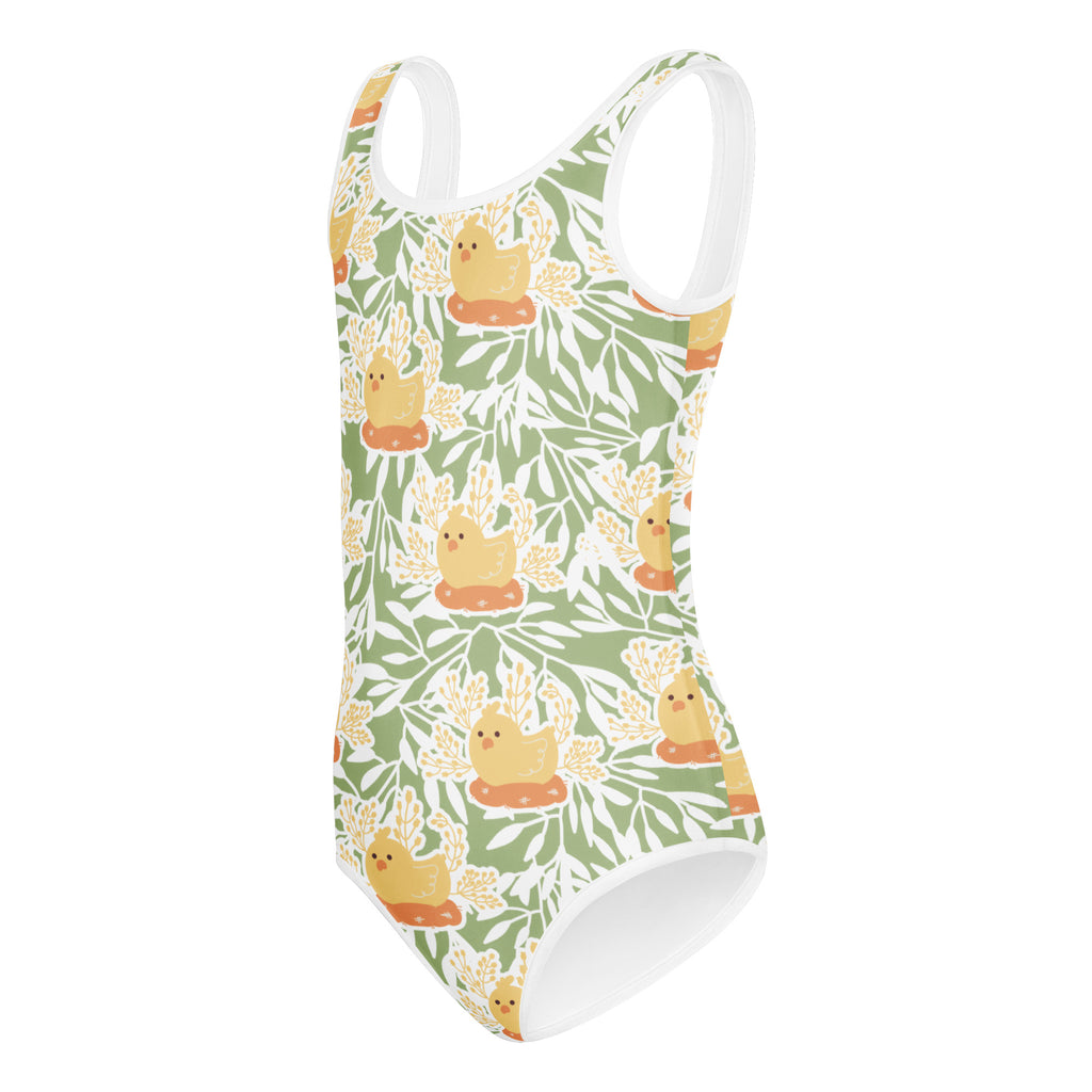 Girls chick nest buttery soft green leotard with yellow ducklings and white trim quick drying for dance and gymnastics