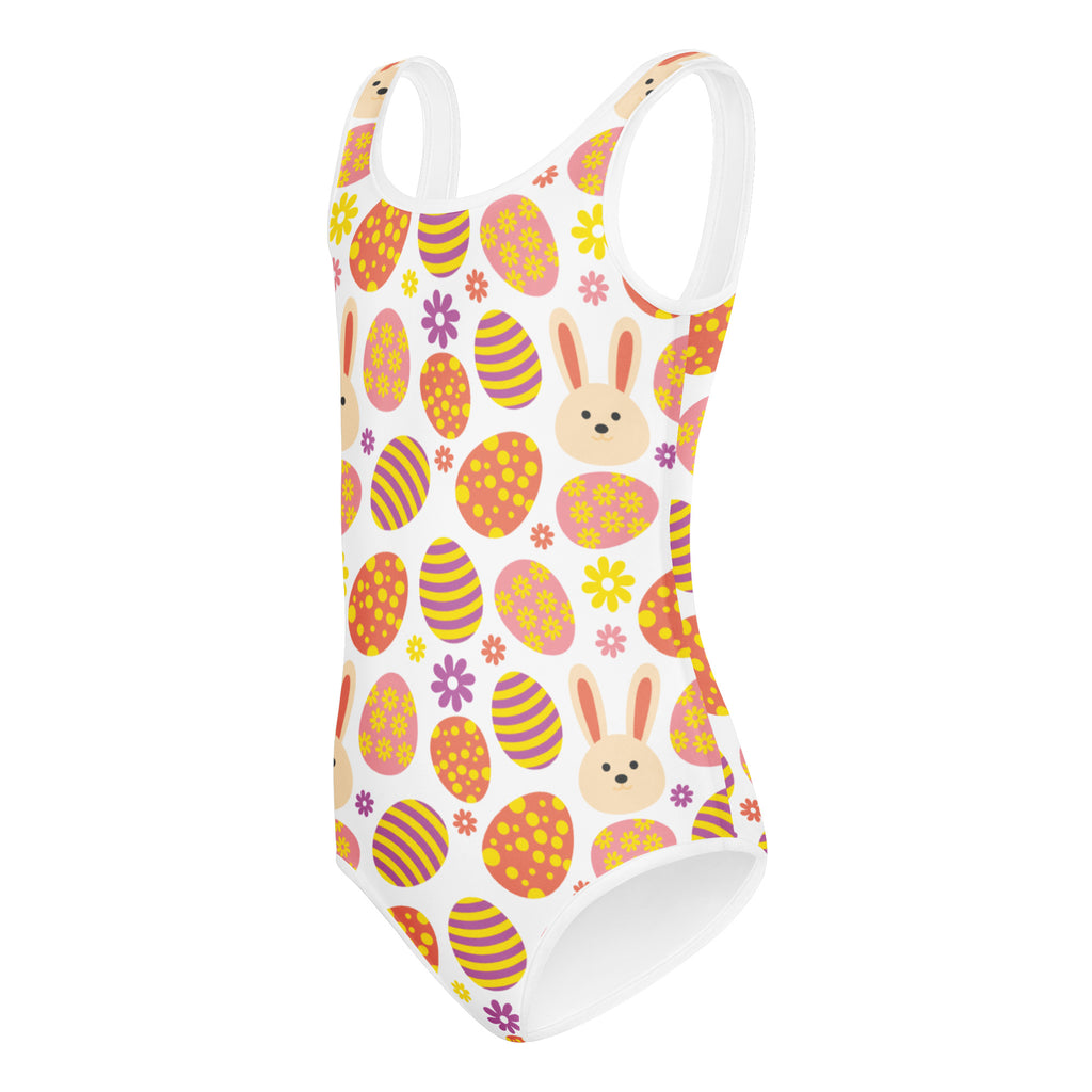 Girls bunny and bright easter egg white one-piece swimsuit with colorful eggs and bunny faces quick drying for dance and gymnastics