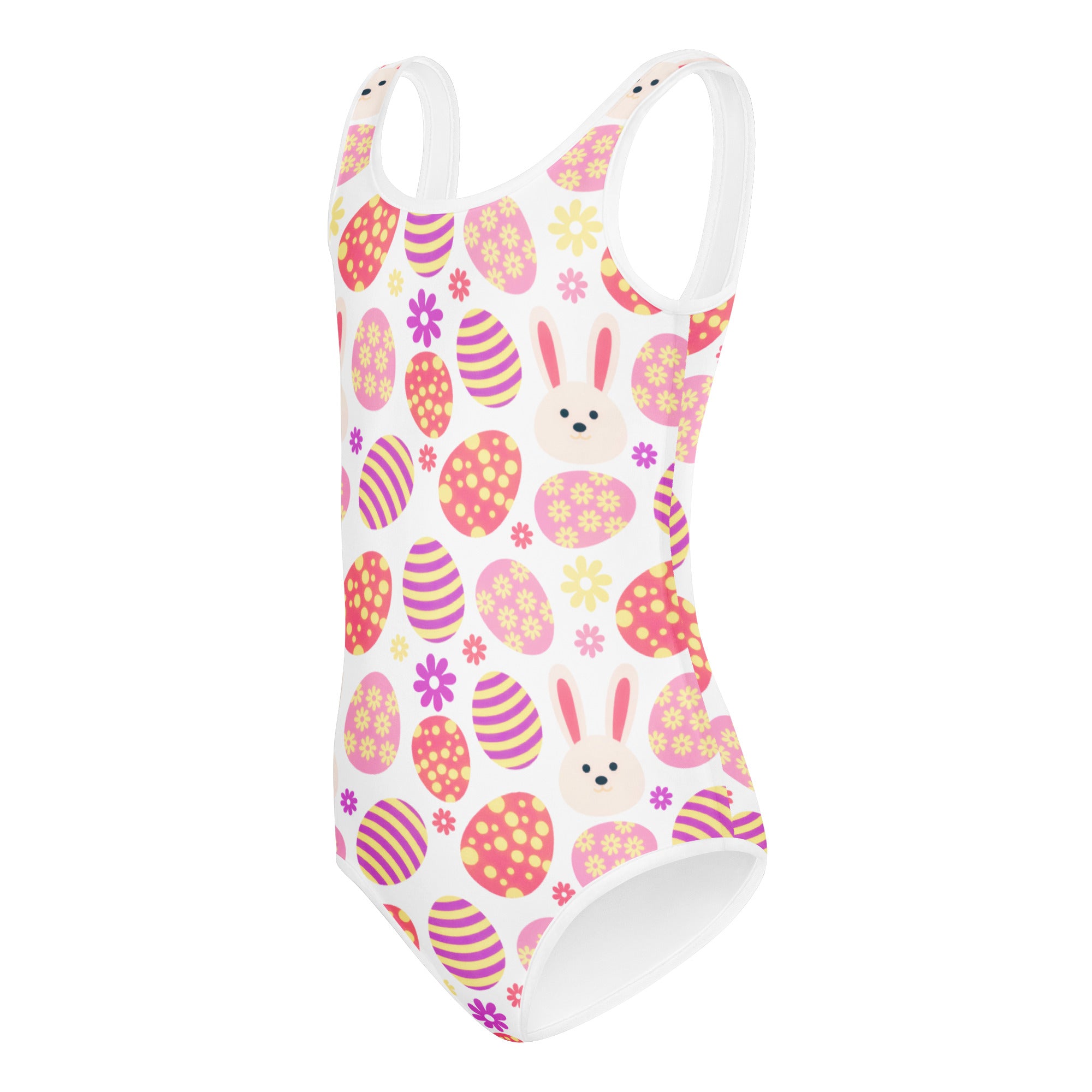 Girls pastel bunny and easter egg buttery soft white one-piece swimsuit with pink and purple eggs for dance and gymnastics