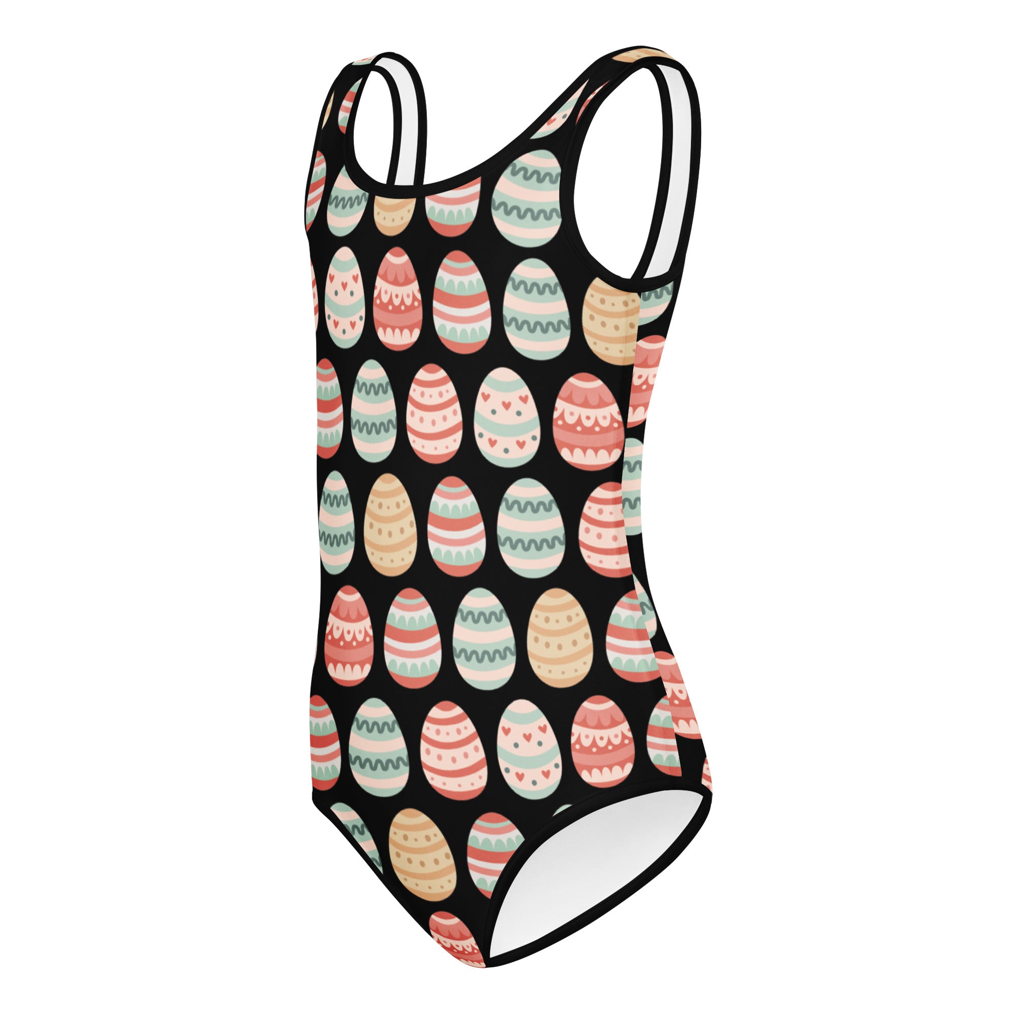 Black one-piece swimsuit with colorful pastel easter egg pattern in buttery soft quick drying fabric for dance and gymnastics