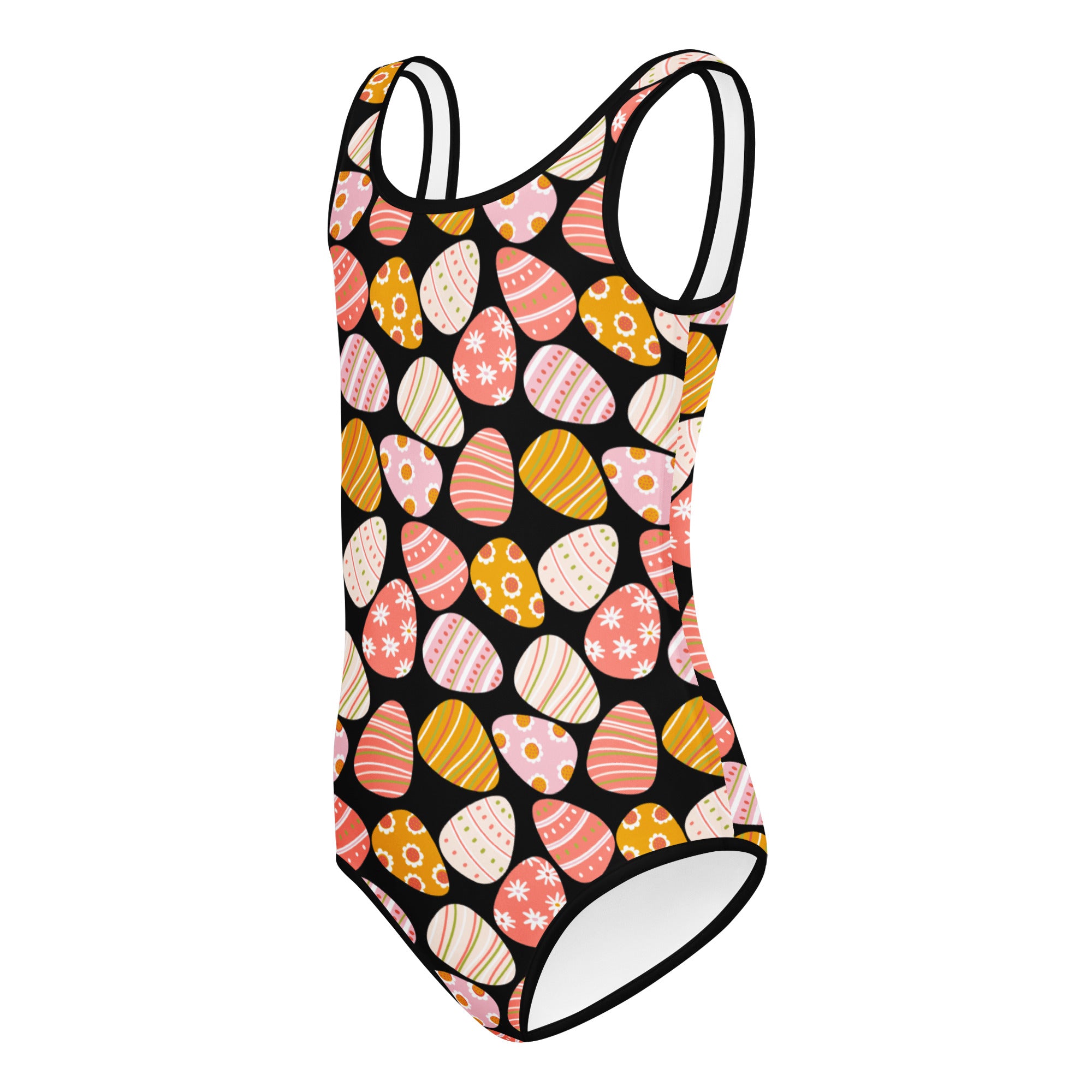 Black one-piece swimsuit with vibrant pastel easter egg patterns in buttery soft quick drying fabric for girls
