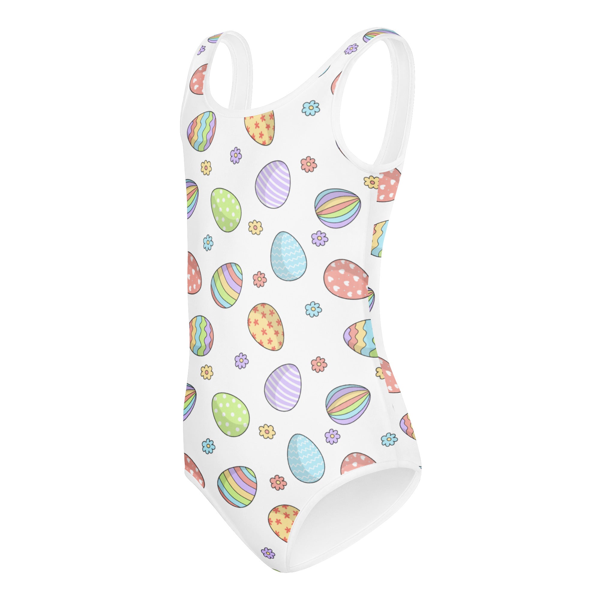 White one-piece buttery soft swimsuit with pastel rainbow easter eggs and flowers for girls dance and gymnastics